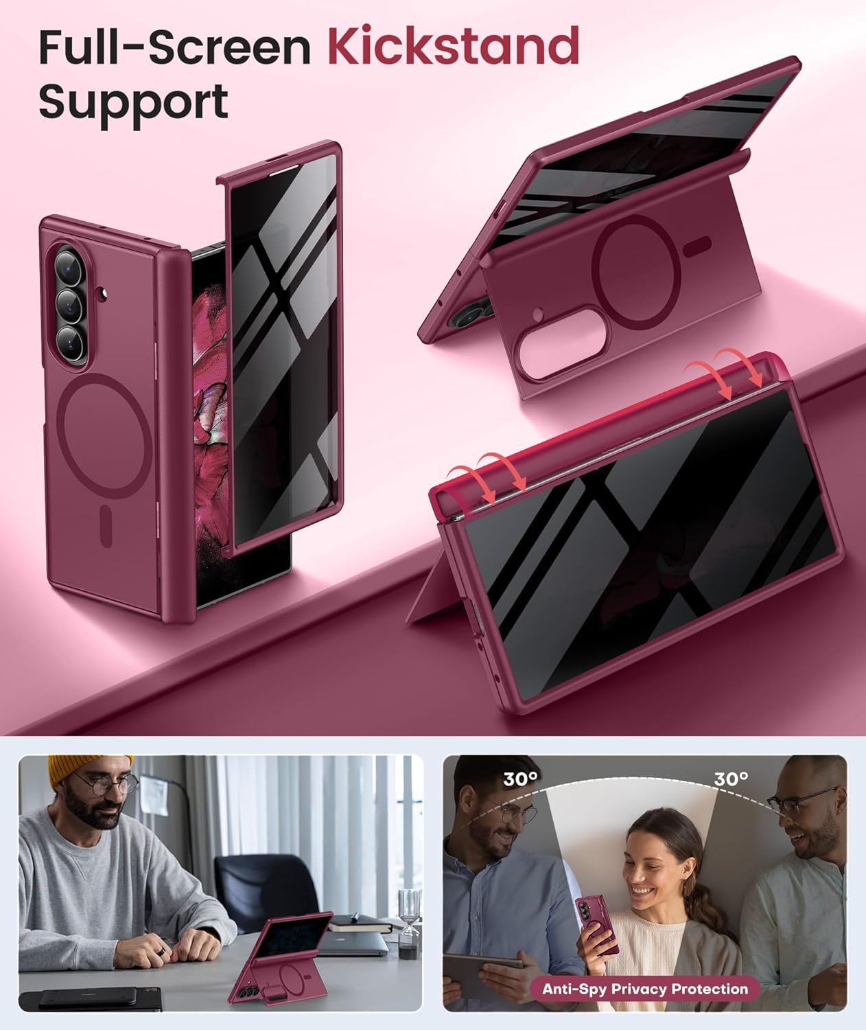BERFY Magnetic for Samsung Galaxy Z Fold 7 Case with Privacy Screen Protector, [Compatible with MagSafe][Anti Spy] Built-in Hidden Kickstand, Full-Body Shockproof Slim Phone Case for Z Fold 7, Red