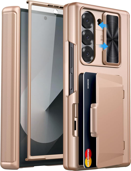 for Samsung Galaxy Z Fold 6 Case with Card Holder & Hinge Protection & Screen Protector, Built-in Camera Lens Cover, Rugged Shockproof Phone Cover Case for Samsung Z Fold 6 5G 2024, Rose Gold