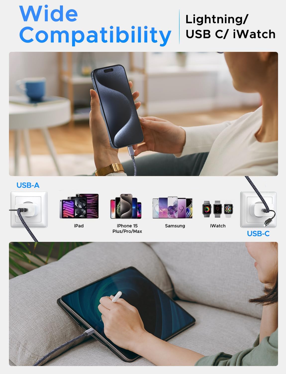 2Pack Upgraded 3 in 2 USB C Cable for Apple Watch Charger iPhone Charger USB C Multi Fast Charging Cable Compatible with iWatch Ultra/SE/10/9/8/7/6/5/4/3/2/1 & iPhone 16/15/14/13/12/11/Galaxy S23-4FT