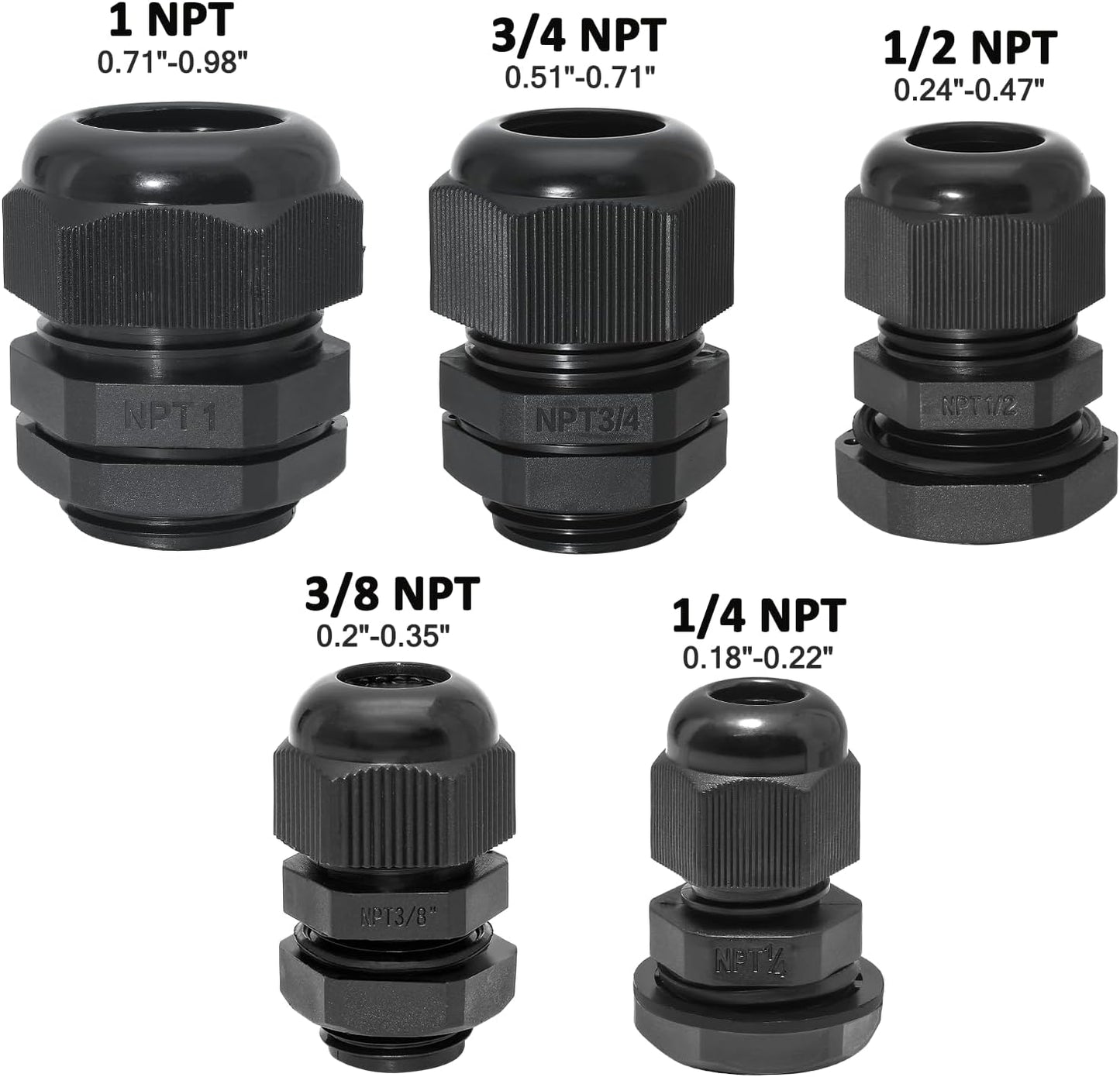 20 Pcs Nylon Cable Gland Kit, IP68 Waterproof Adjustable Cord Grip Cable Connector Strain Relief Wire Protectors, 1/4" 3/8" 1/2" 3/4" 1", Black