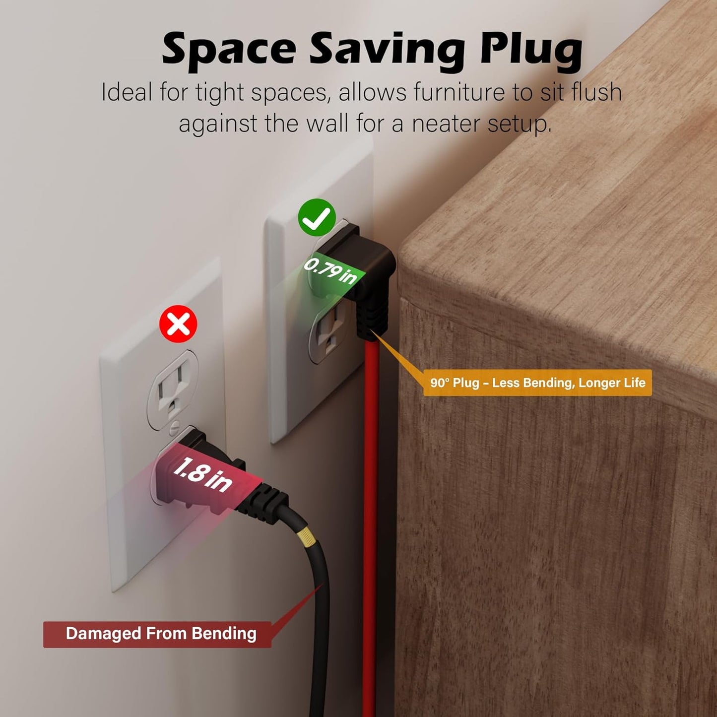 90 Degree 2 Prong Polarized Outdoor Power Extension Cord 30 FT, Angled Low-Profile Plug, 16 Gauge 125V SJTW Waterproof Long Cable for Home Office Lawnmower Garden Tools Lights, ETL+Ties-Bright Orange
