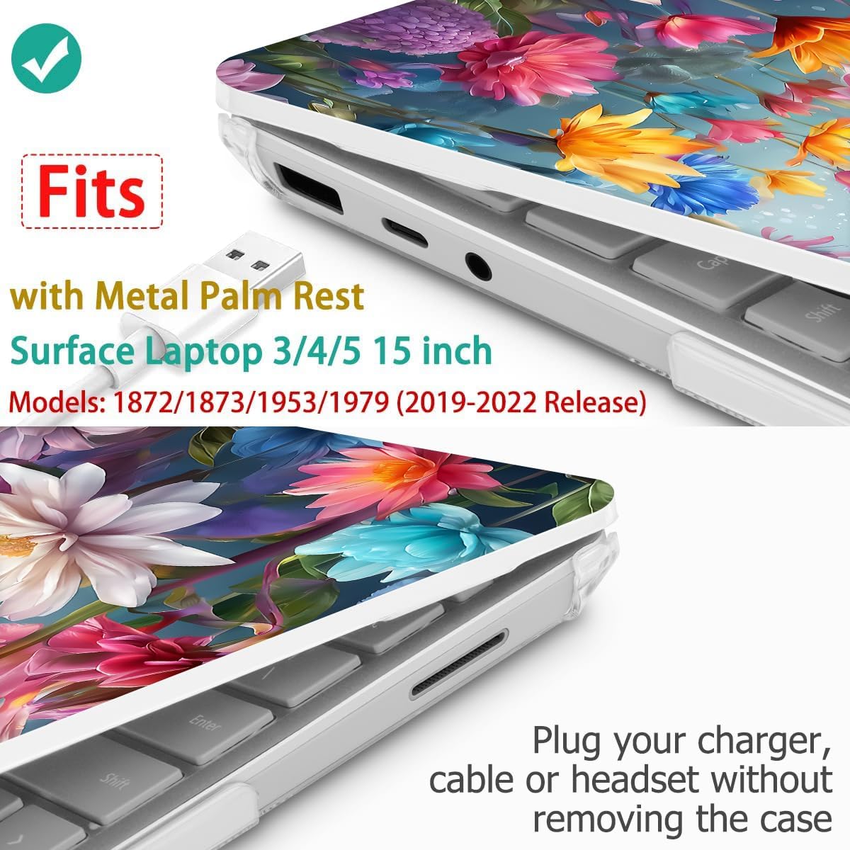 Tuiklol Case for 15 Inch Microsoft Surface Laptop 5/4/3 2022-2020, Model 1979/1953/1872/1873 Hard Shell Cover, Keyboard Cover+Screen Protector+Dust Plugs,Multicolored Floral