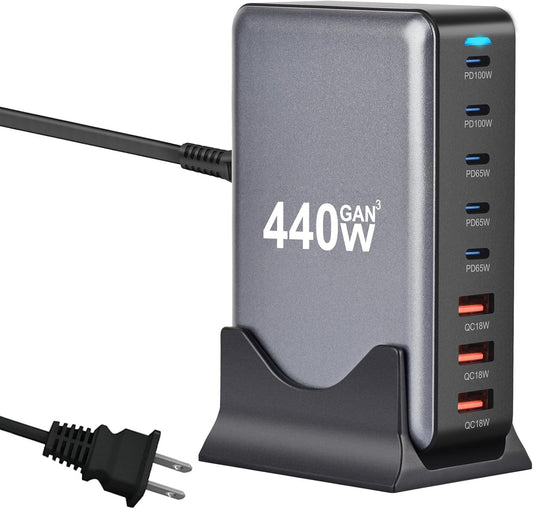 440W USB C Fast Charger Block, 8 Port Charging Station, GaN Ⅲ Multi Port Charging Station Hub for Multiple Devices, Multiport USB Charger Station Compatible with MacBook iPhone iPad Dell