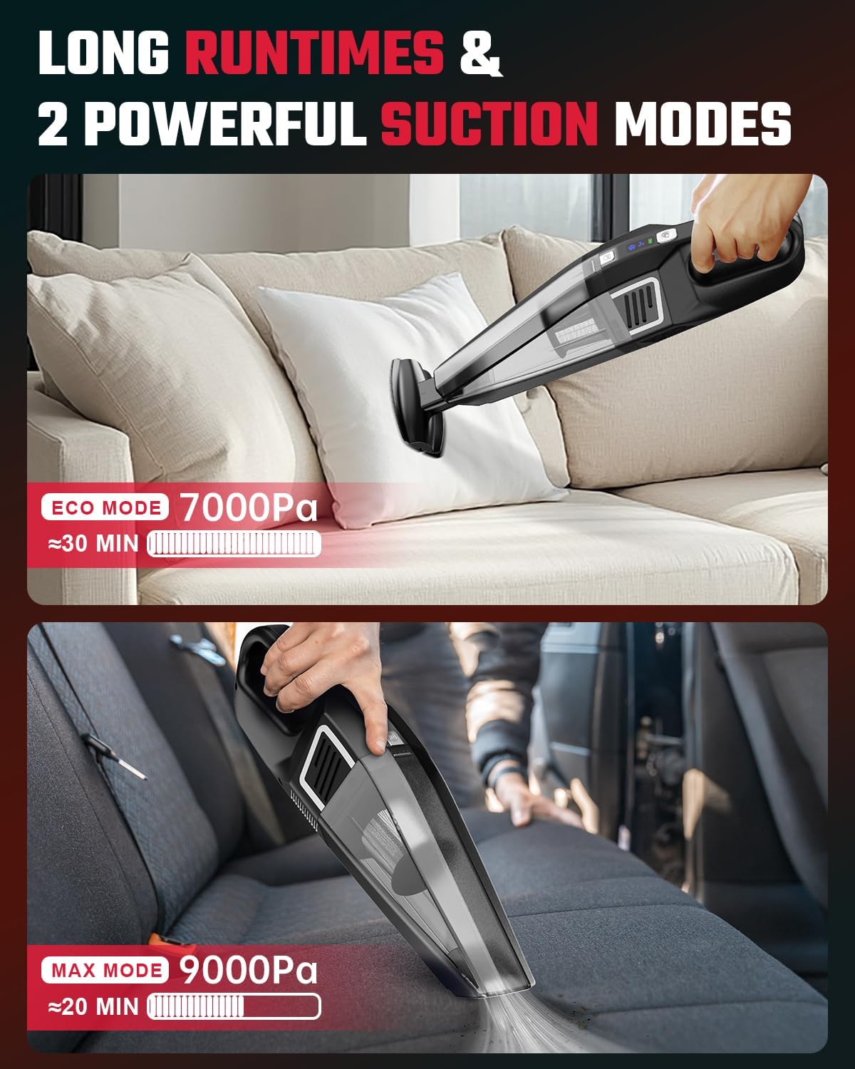 Handheld Vacuum Cordless, 9000PA Strong Suction, 2 Suction Modes, Fast Type-C Charging, Lightweight, Portable Car Vacuum Cleaner for Home Pet Office