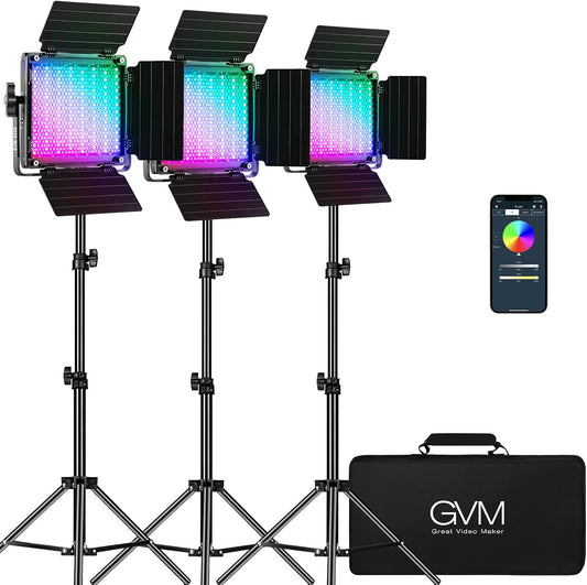 GVM RGB Video Lighting, 360° Full Color Led Video Light with APP Control, 3 Packs 850D Photography Lighting Kit CRI 97, YouTube, Aluminum Alloy Shell