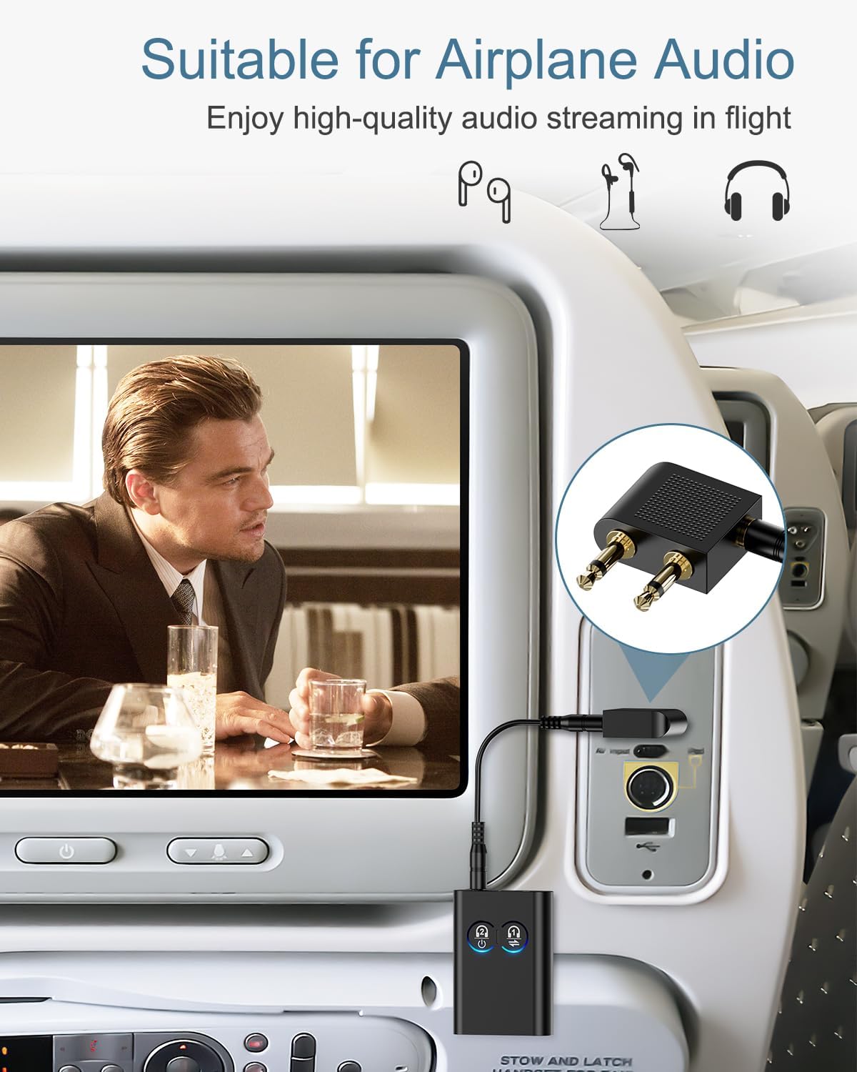 Bluetooth 5.2 Transmitter Receiver, Upgraded 2-in-1 Airplane Wireless Adapter, Dual Link AptX Adaptive/LowLatency/HD Audio, Aux Adapter for Home Stereo, Airplane, Boat, Gym