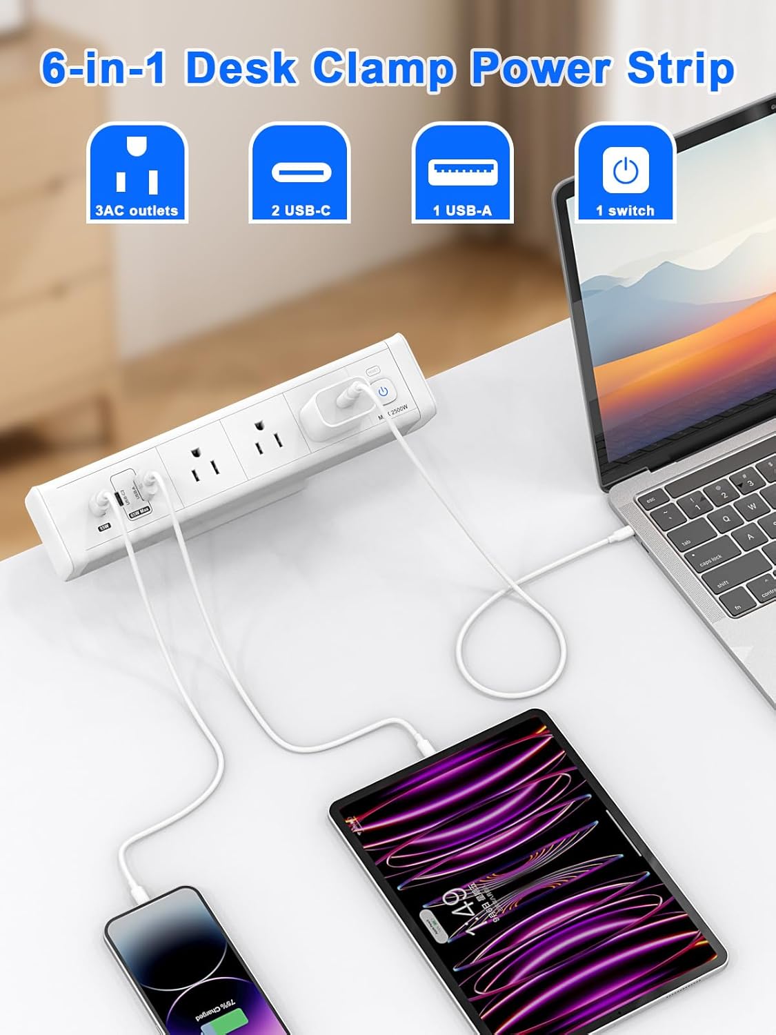 Desk Clamp Power Strip with 65W USB-C&USB A Ports 3 AC Outlet, Nightstand Edge Mount Charging Station Power Strip with USB-C Ports Tabletop Surge Protector for Home Office, Dorm Room(White)