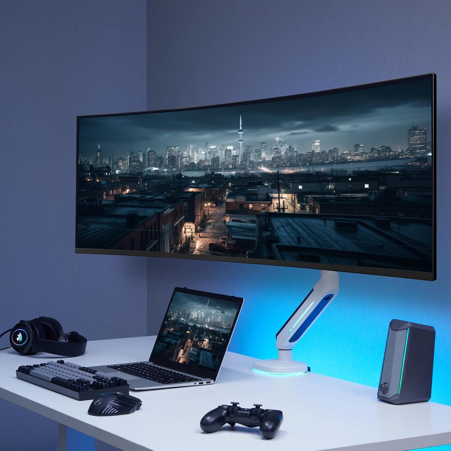 AVLT Single 27”-45” RGB Gaming Monitor Arm Desk Mount Built-in 20 Lighting Modes Touch Button Control Fits Flat/Curved/Ultrawide Screens Height Swivel Tilt Rotation Adjustable Stand -White