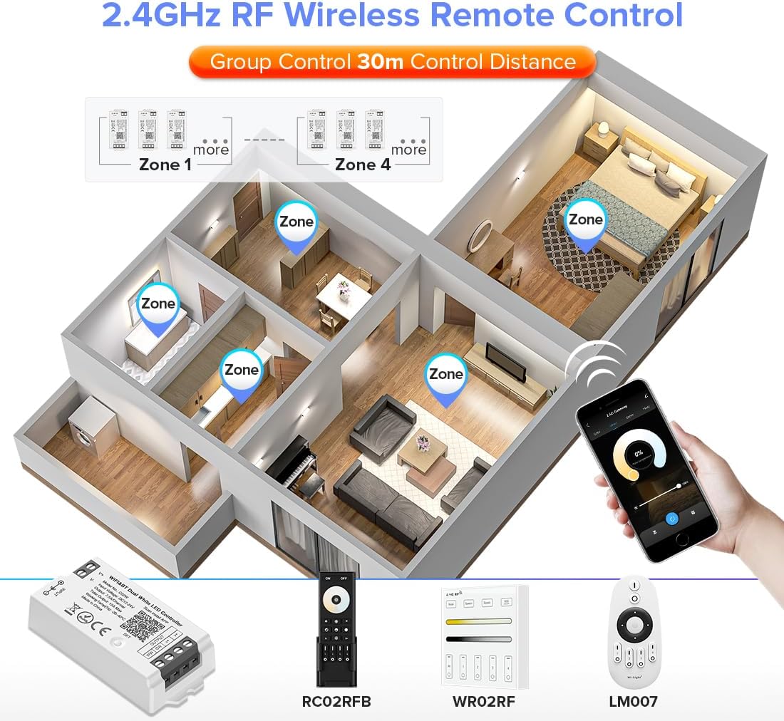 BTF-LIGHTING C02W CCT PWM (+ CW WW) 3PIN Color Temperature LED Strip Dual White 2.4GHz Tuya WiFi Group Controller Alexa Google Home Compatible with WR02RF RC02RFB Remote