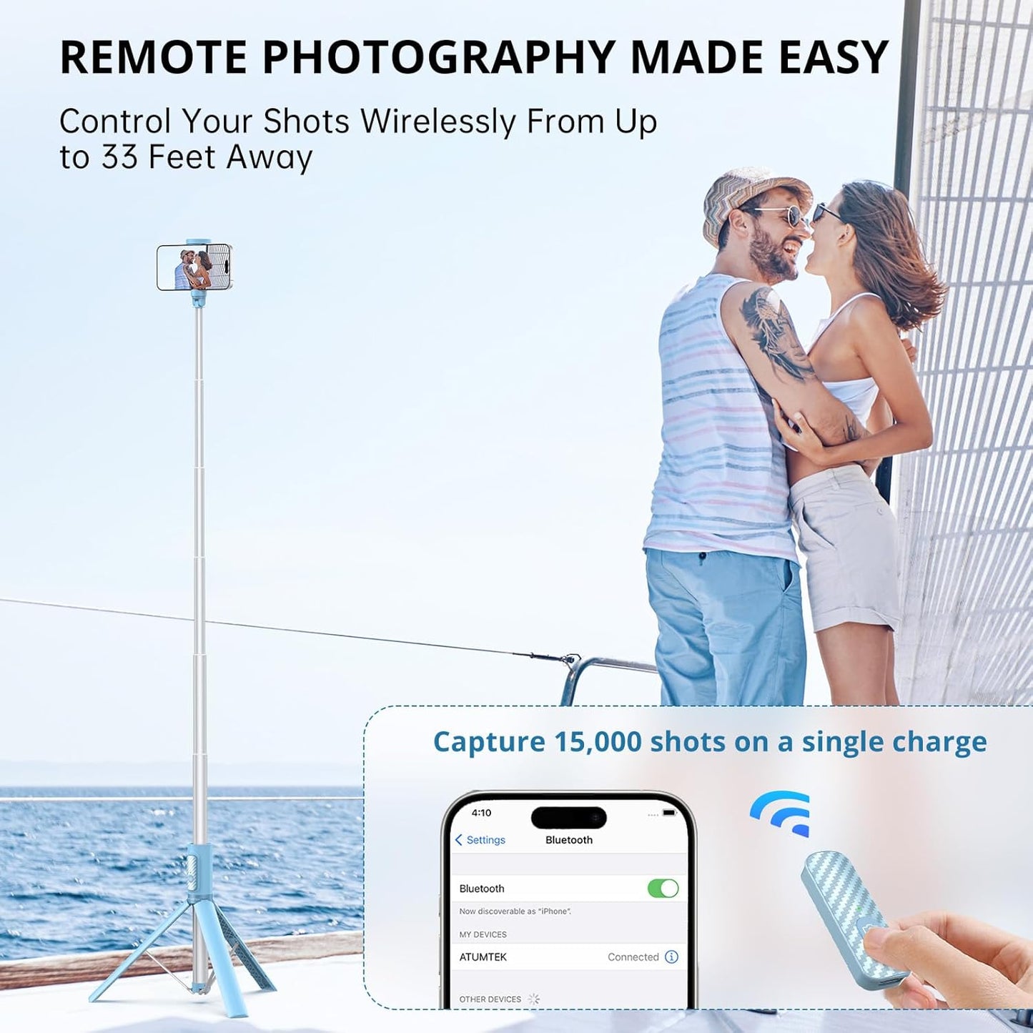 ATUMTEK 55" Selfie Stick Tripod, All-in-one Extendable Aluminum Phone Tripod with Rechargeable Bluetooth Remote for iPhone and More, Fit 4.7-7 inch Smartphones, Blue