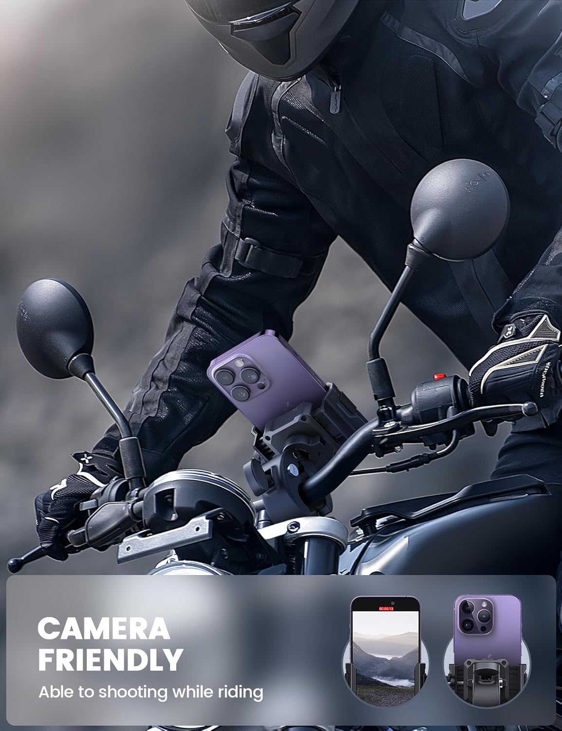 Lamicall Motorcycle Phone Mount Holder - [Camera Friendly] [1s Lock] Bike Phone Holder Handlebar Clamp, Bicycle Scooter Phone Clip, for iPhone 16 Pro Max, 15 14 13, Galaxy S25 Ultra, 4.7-7" Phones