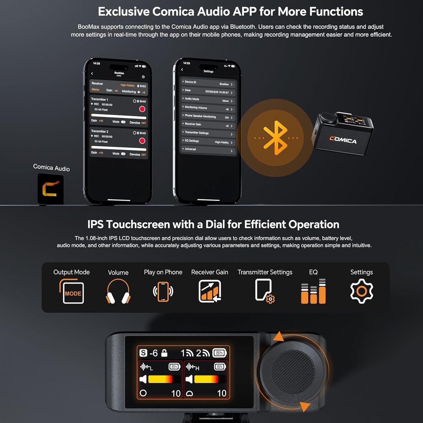 COMICA BooMax Wireless Lavalier Microphone for Cameras, Smartphones, 2.4G Internal Dual Lapel Mic with 32G Storage,Noise Cancellation,IPS Touchscreen for Vlogs, Interviews, Live Streamings,TikTok