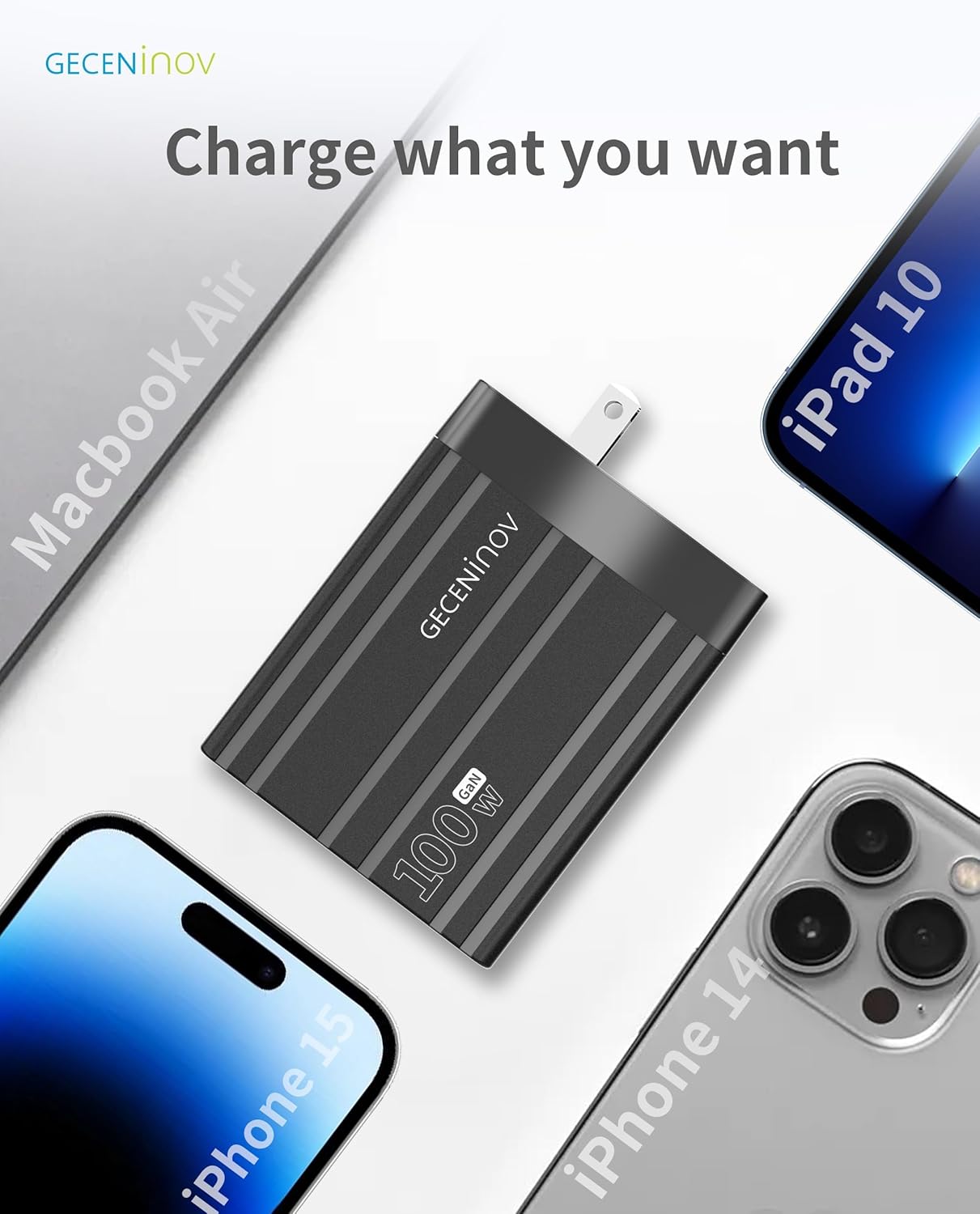 100W USB C Charger Block,4 Ports,Type C GaN Fast Block,Foldable Travel Plug Power Adapter for iPhone iPad Samsung Laptop,Tablets MacBook Pro Charger Replace for 65W 45W