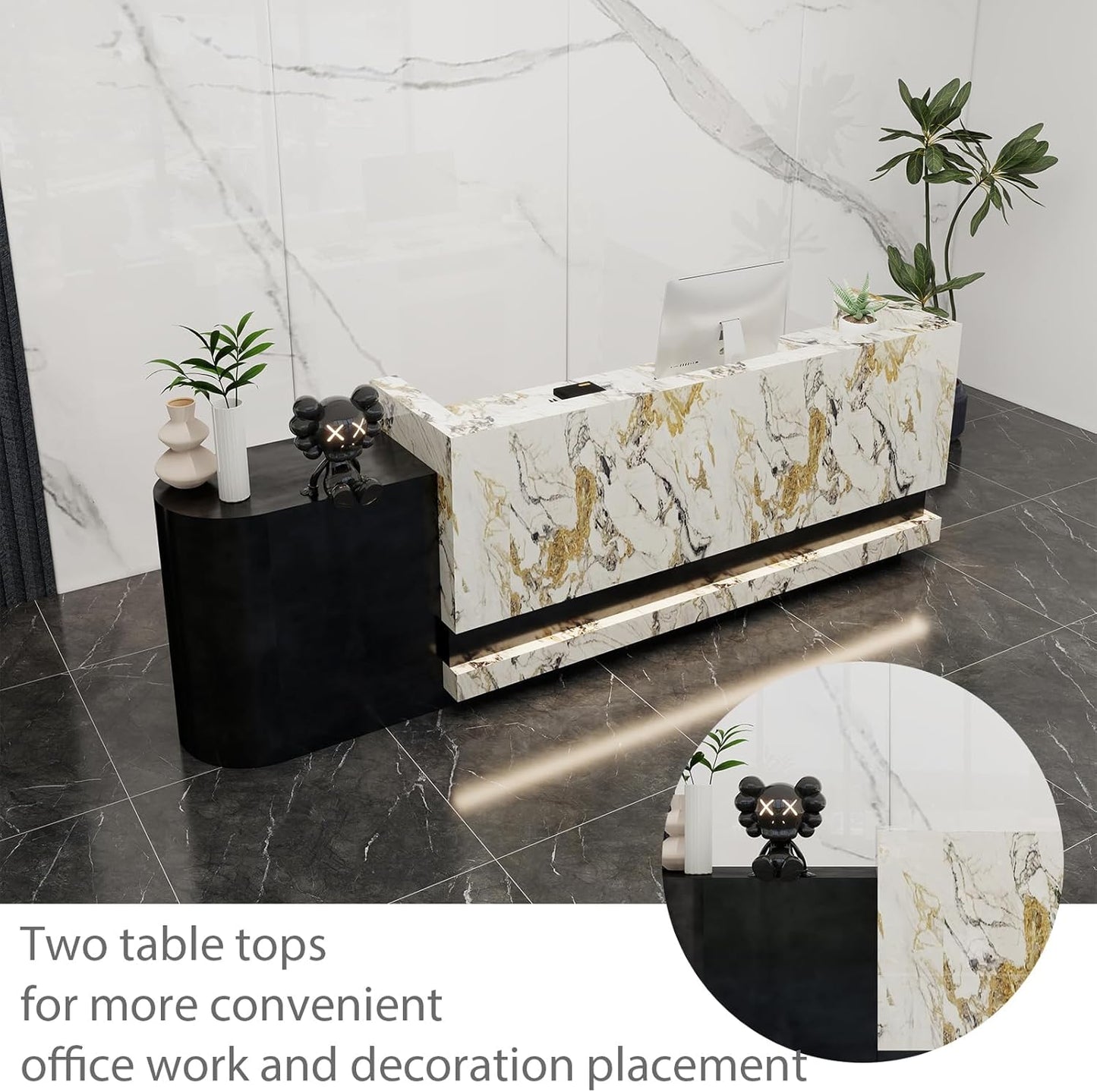 Front Desk Reception Counter - Lockable Storage & Keyboard Tray | Reception Desk with Counter, Customizable Large Counter Table (Grey+White, 64'')