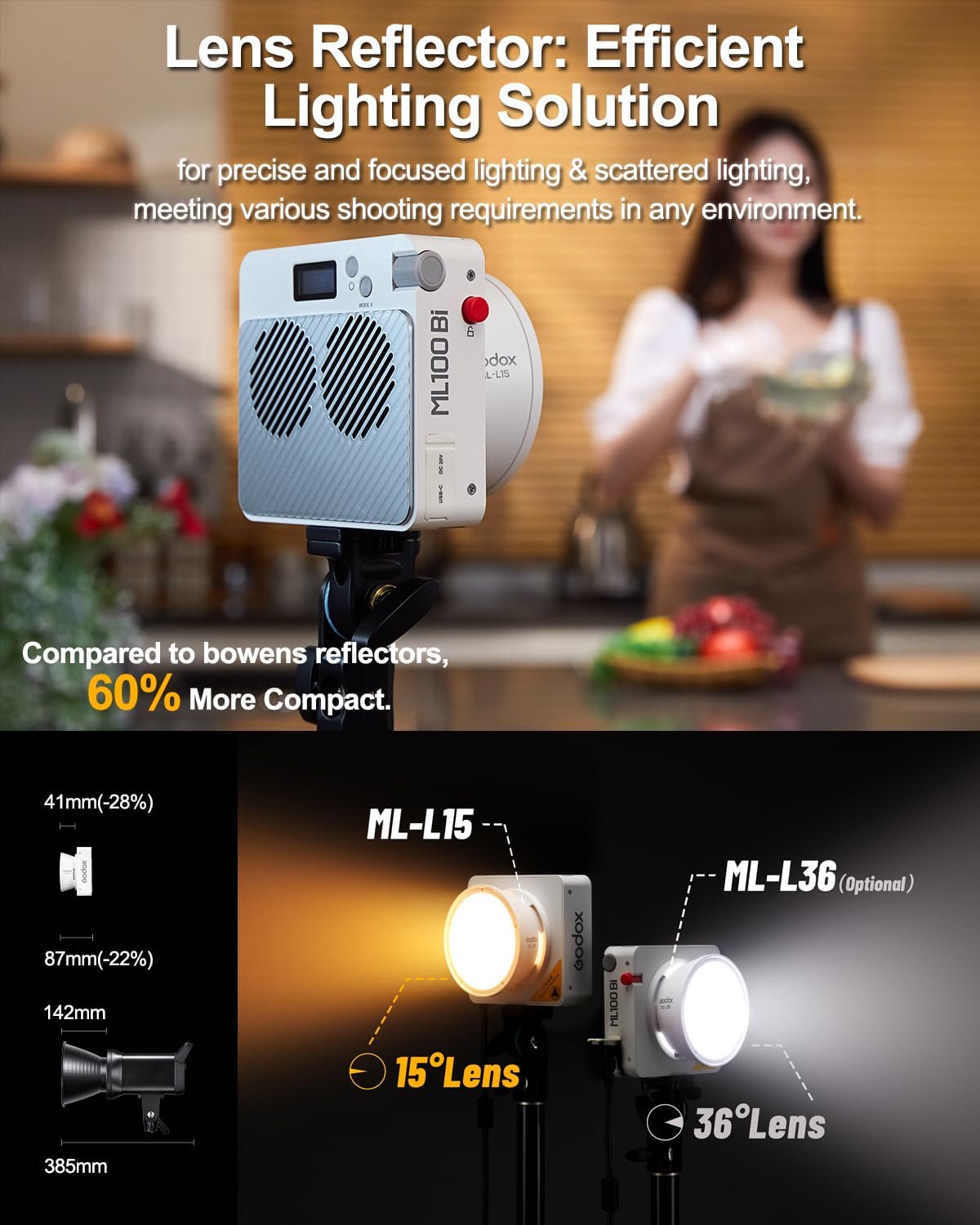 Godox ML100Bi 120W Bi-Color LED Video Light, 2800K-6500K COB Continuous Output Lighting with Reflector, Adapter for Filmmaking, Live Streaming, Video and Studio Photography