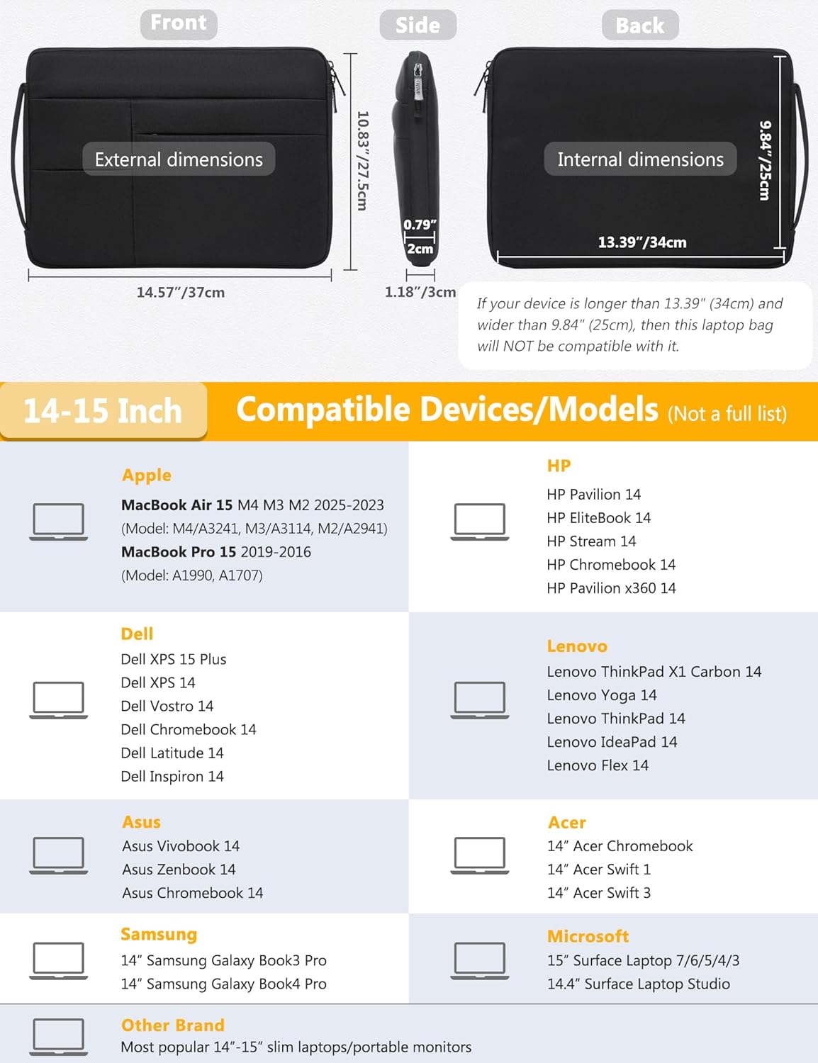 HYZUO 14-15 Inch Laptop Sleeve Bag for MacBook Air 15 M4 M3 M2, MacBook Pro 15, 15" Surface Laptop, XPS 14/15 Plus, Portable NoteBook Case for 14" HP Dell Lenovo ThinkPad Asus, Classic Black