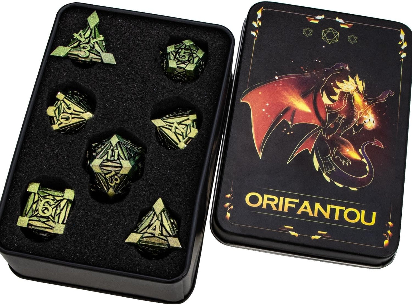 7PCS Metal DND Dice Set with Box, Debris RPG D and D Dice for use with D&D Tabletop Games Role Playing Game Polyhedral Dice Set D20 D12 D10 D8 D6 D4