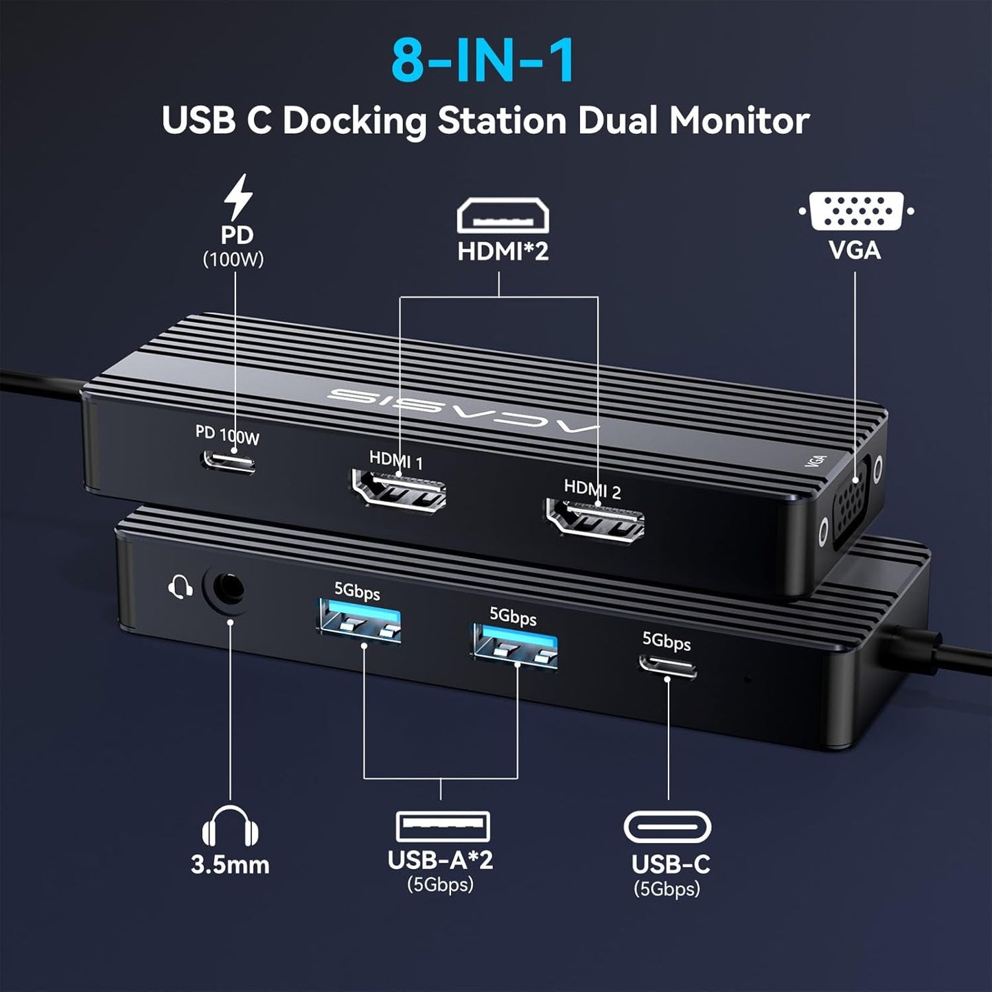 ACASIS USB C Docking Station Dual Monitors,8-in-1 Laptop Docking Station with Dual HDMI +VGA +3 * 5G USB-A/C+3.5MM Audio+PD100W, USB C HUB multiport Adapter for Dell/HP/Lenovo ThinkPad（Black）
