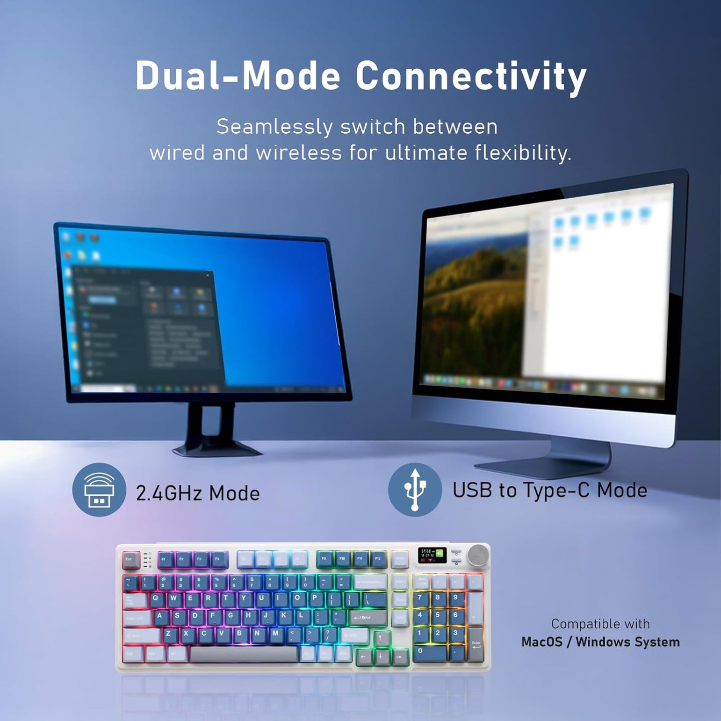 iRocks K85R Wireless RGB Backlit Mechanical Gaming Keyboard with LCD Display, Hot-Swappable Pre-lubed Brown Switches, 98 PBT Keys, USB-C Detachable Cable (Aurora Blue, Bubble Switch)