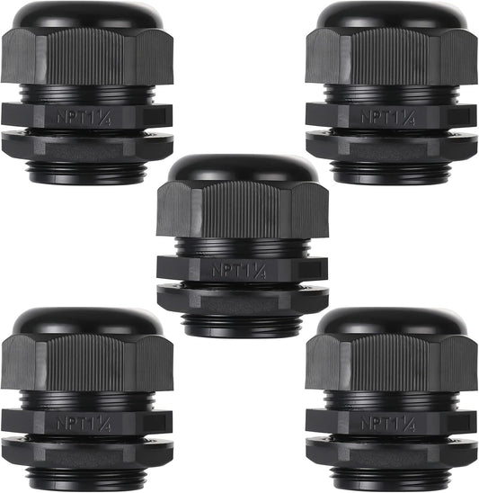 PENGLIN Cable Glands 1-1/4" NPT Nylon Cable Connector, Strain Relief Cord Connector, IP68 Waterproof Adjustable Locknut (1-1/4 Inch (5-Pack))