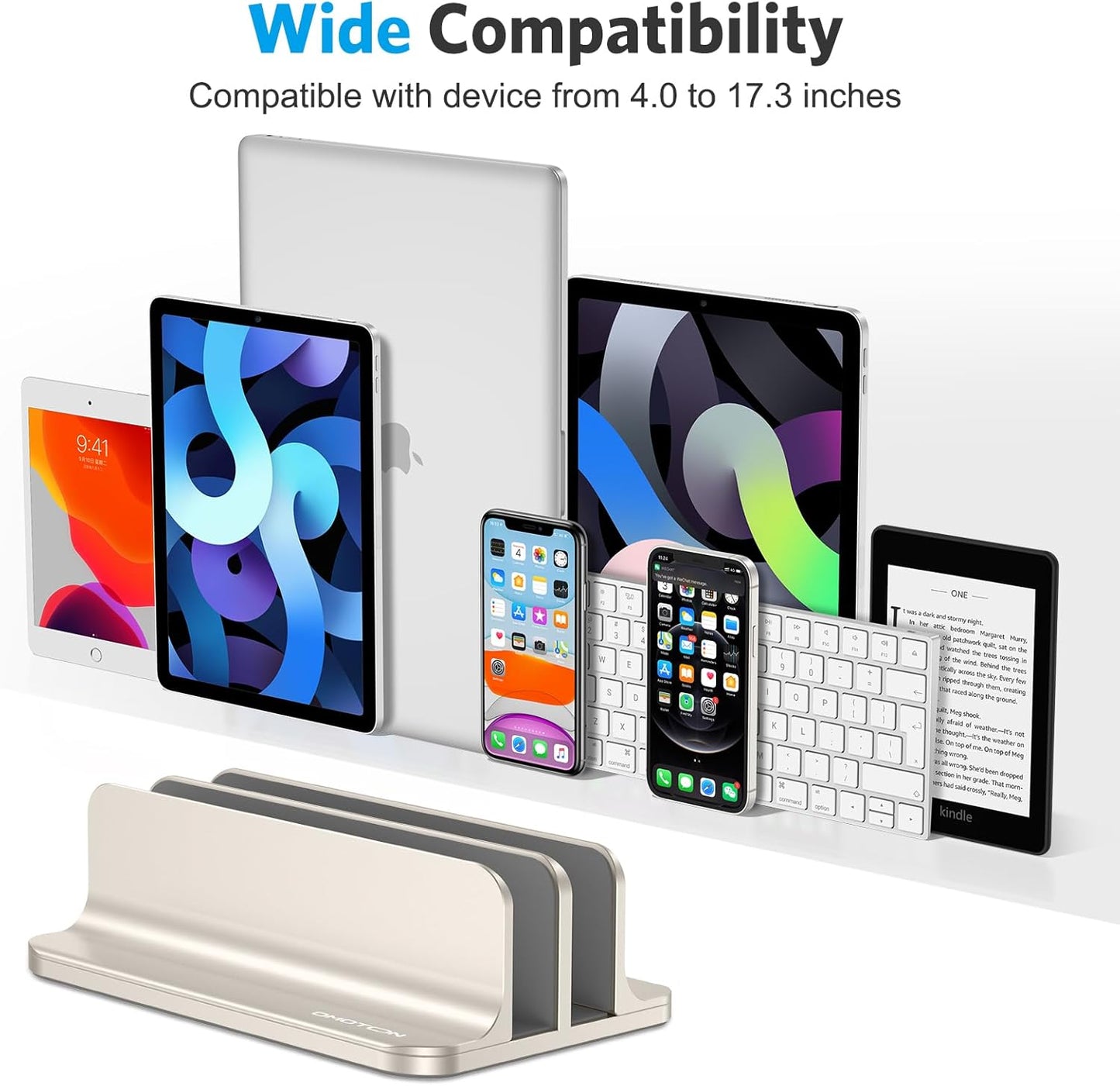 OMOTON [Updated Dock Version Vertical Laptop Stand, Double Desktop Stand Holder with Adjustable Dock (Up to 17.3 inch), Fits All MacBook/Surface/Samsung/HP/Dell/Chrome Book (Starlight)