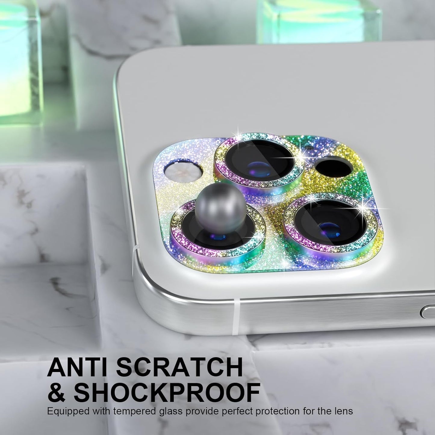 Choiche Compatible for iPhone 16 Pro/iPhone 16 Pro Max Camera Lens Protector, Bling Camera Cover with 9H Tempered Glass Lens Screen Protector Metal Ring Decoration Accessories (Glitter-Colorful)