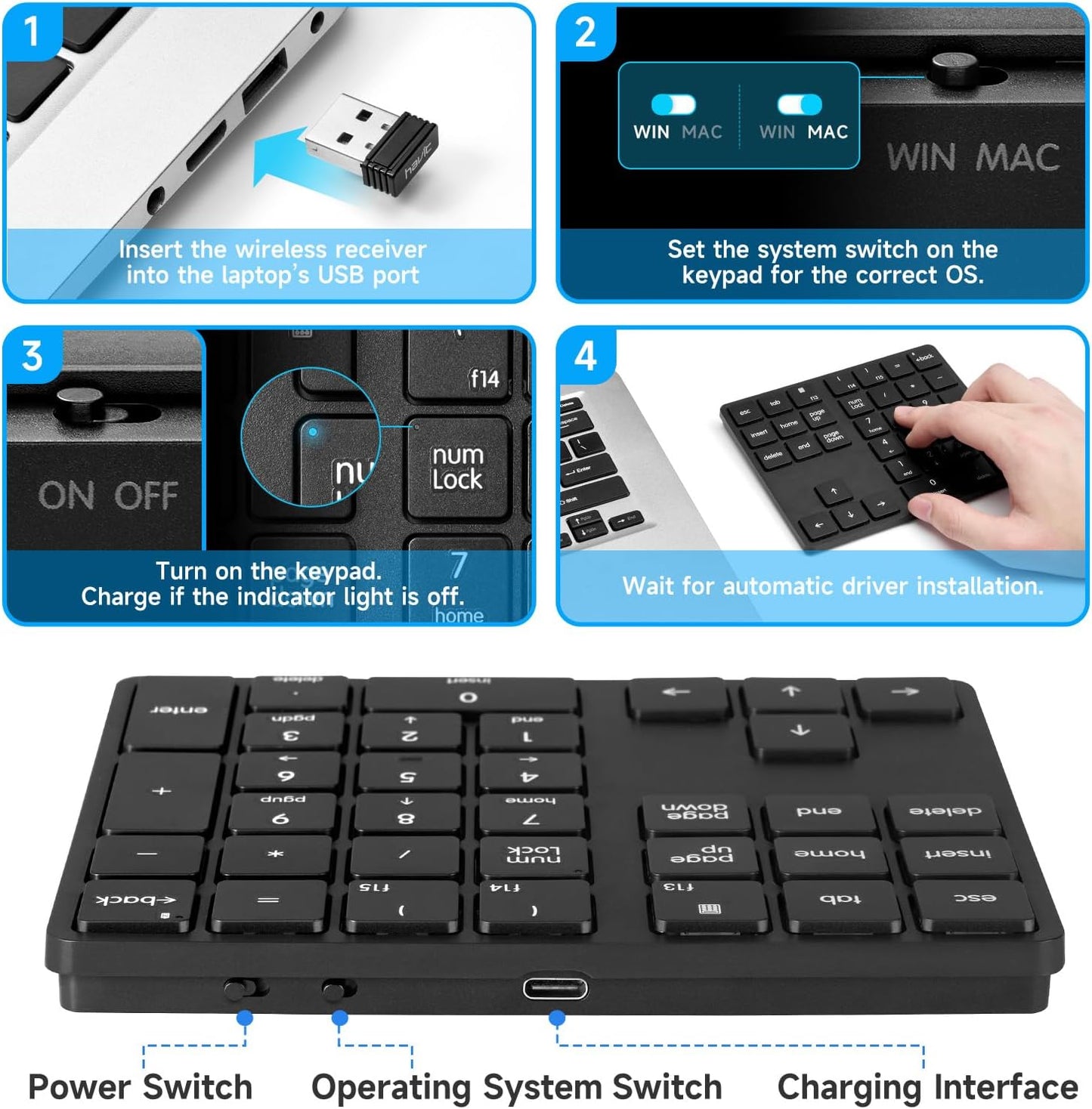 havit Wireless Number Pad for Laptop, Fully Compatible with Mac OS, iPad, Windows, and Android Devices – 2.4G Rechargeable 34-Key Numeric Keypad