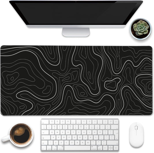Desk Mat,Black Topographic Contour Map Desk Pad,Topographic Contour Large Gaming Mouse Pad for Desk,Extended Big Computer Keyboard Mouse Pad with Non-Slip Base and Stitched Edge,35.4"x15.7"