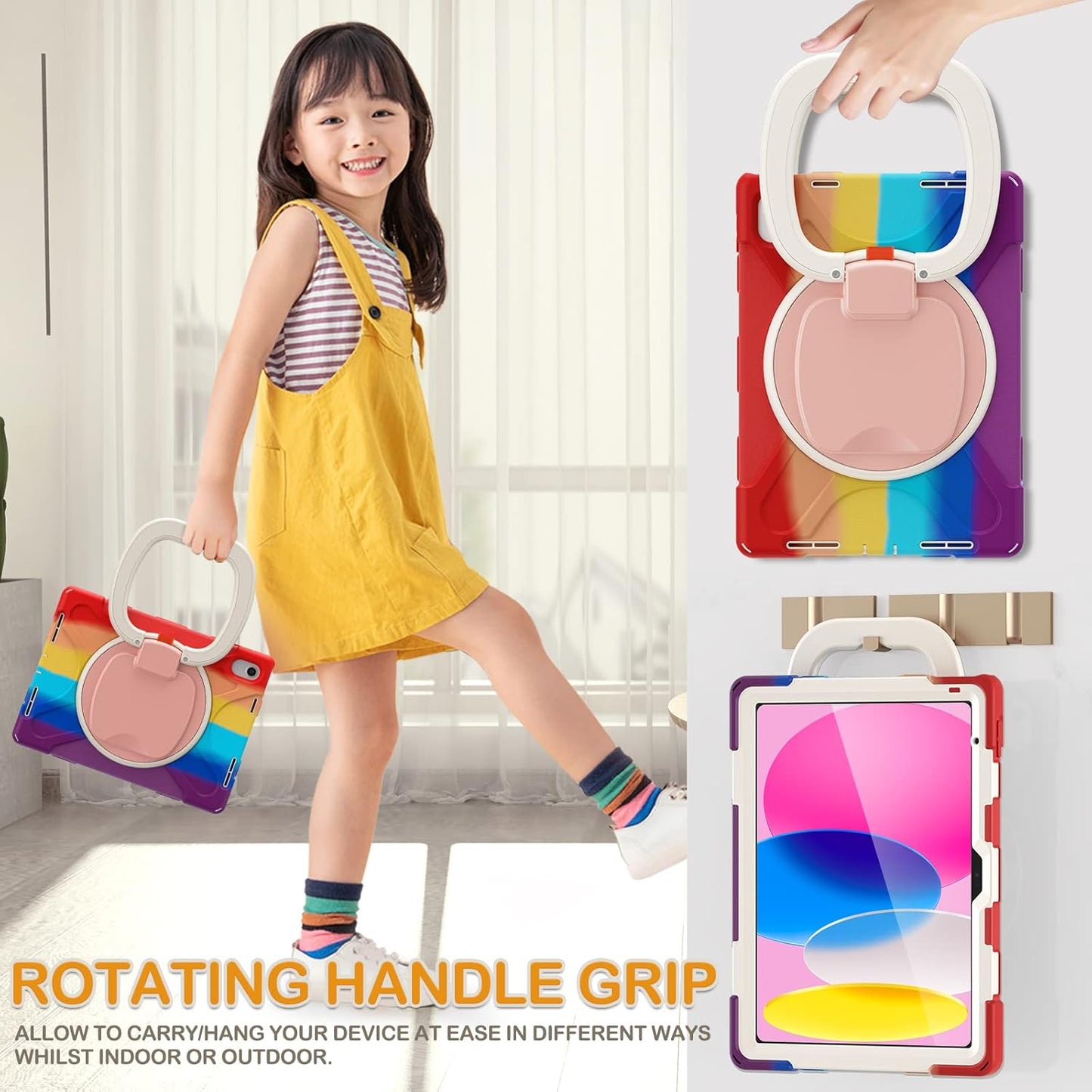 BRAECN Case for iPad (A16) 11th/10th Generation 11”/10.9'' 2025/2022-Heavy Duty Silicone Cover with Pencil Holder/Swivel Ring Stand/Screen Protector/Handle Grip/Kickstand/Shoulder Strap, Colorful Red