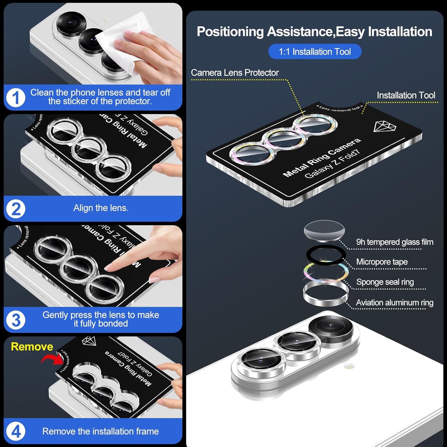 for Samsung Galaxy Z Fold 7 Camera Lens Protector, Individual Metal Ring Tempered Glass Lens Cover, [Strong Adsorption] Scratch Resistant Ultra-Thin HD Clear Lens Cover, 1 Set-Colorful Sparkly