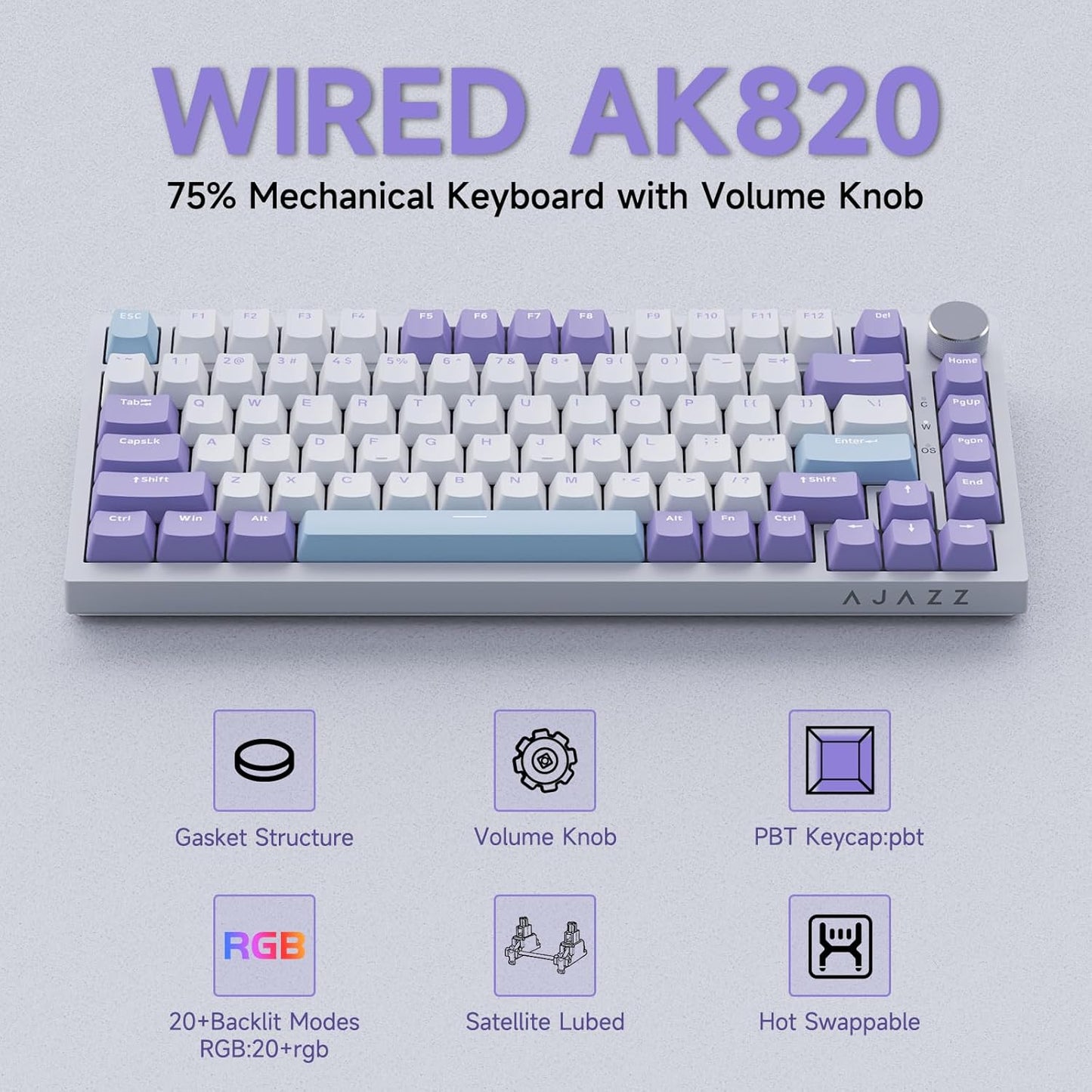 Ajazz AK820 75% Wired Gasket Mechanical Gaming Keyboard with Volume Knob - South Facing LED - Poron Foam - PBT Keycaps - Programmable RGB Hot Swap Keyboard