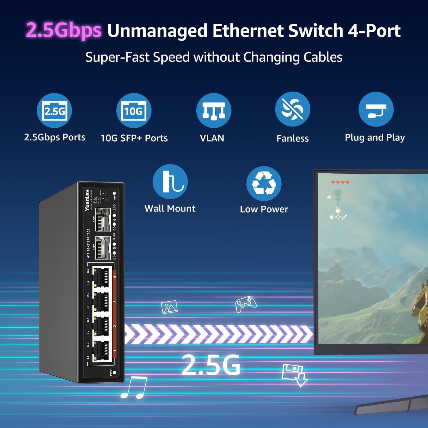 6 Port 2.5G Unmanaged Ethernet Switch, 4 x 2.5G Base-T Ports, 2 x 10G SFP, Compatible with 100/1000/2500Mbps, VLAN, Fanless, Desktop/Wall Mount YuanLey 2.5Gbe Network Switch for Wireless AP, NAS, PC