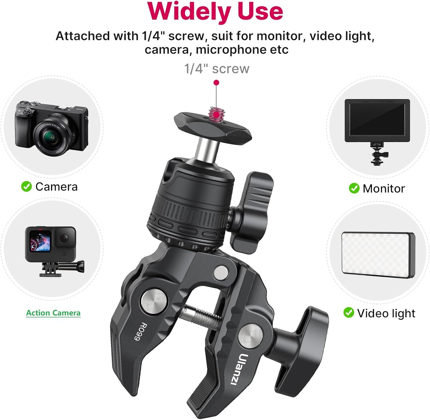 ULANZI R099 Super Clamp Camera Mount with 360° Ballhead for Bike/Bicycle/Motorcycle Handlebar Pole Tripod Tube Crossbar Gimbal Rods Mount for Insta360/GoPro/AKASO/DJI/Phone/DSLR/Light/Monitor