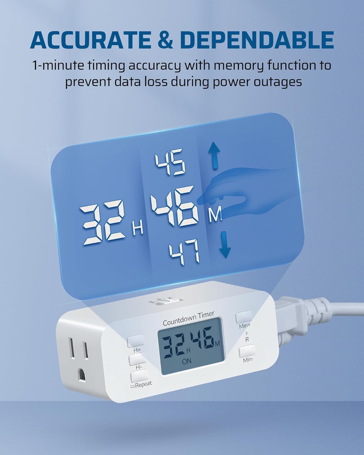 DEWENWILS 36 Hours Countdown Timer Outlet, Timers for Electrical Outlets Indoor, Large Screen & Repeat Function, Grounded Outlet, Auto Shut Off for Fan, Lights, Charger, 125V 60Hz, 1 Pack