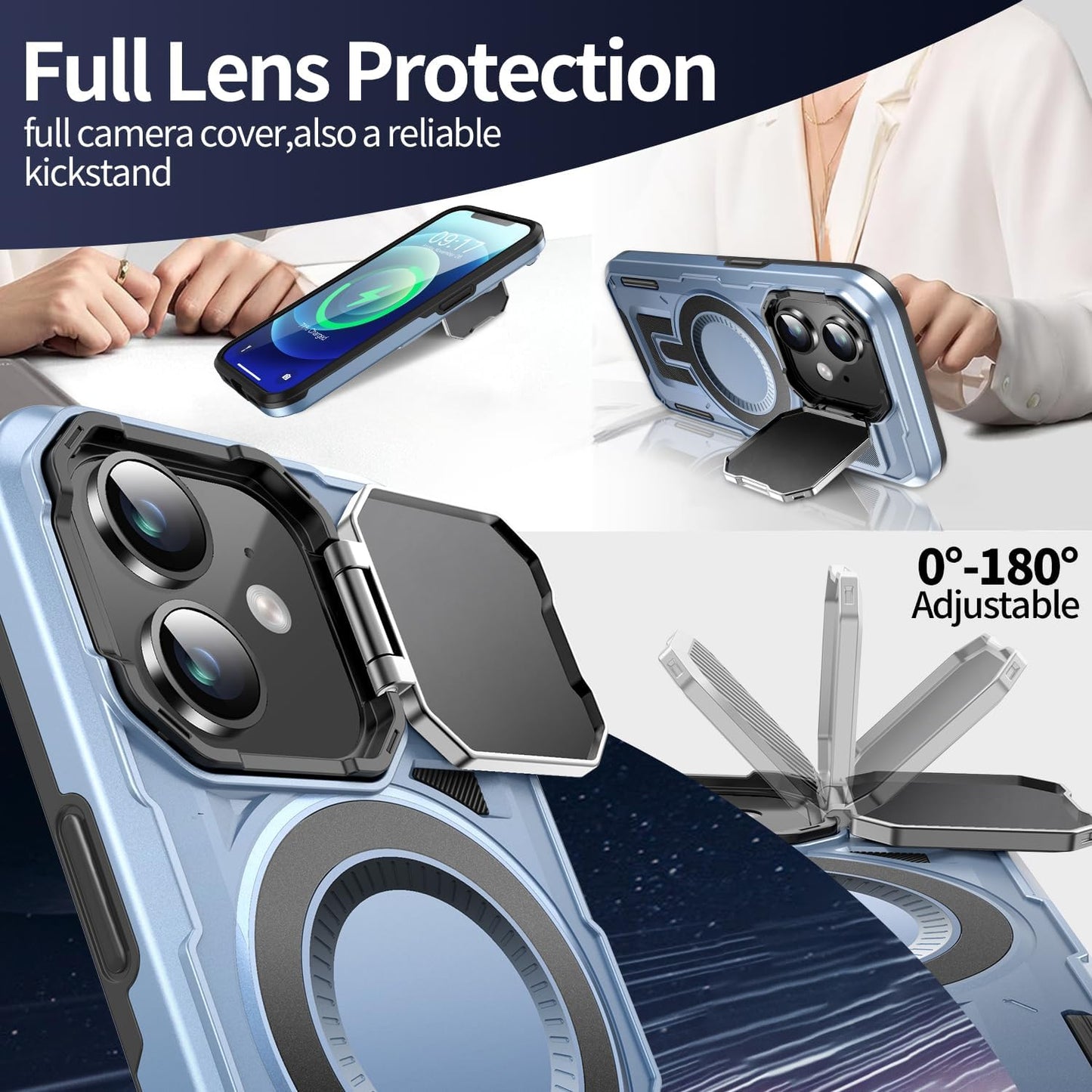 Camera Stand Case for iPhone 12/12 Pro, [Compatible with MagSafe] [Lens Cover] 2024 Version Military Grade Protective Soft Case for iPhone 12/12 Pro 6.1 inch Men Women, Blue