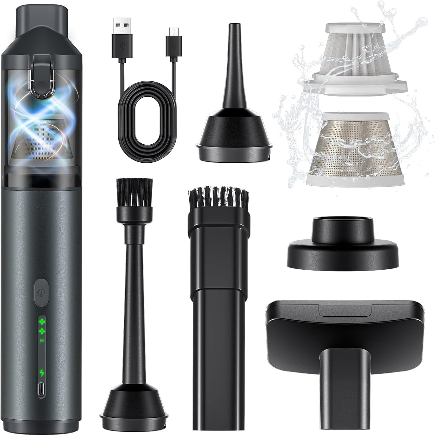 Car Vacuum Portable with 16000Pa Powerful Suction, Handheld Vacuum Cordless Rechargeable Blow & Suction 4 in 1, Small Vacuum Cleaner for Car, Home, Office, Outdoor (Grey)