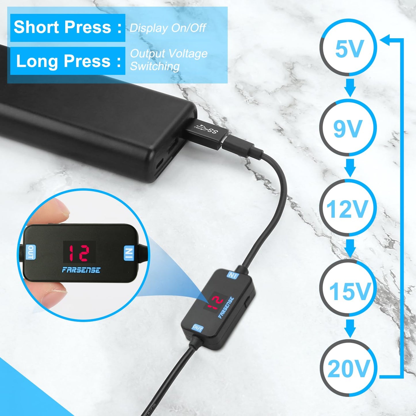 FARSENSE USB C to DC Adapter,Barrel PD Trigger Cable(3.3ft) with USB A to USB C Tips/3.5x1.35mm Tips,USB to DC Power Cable can Switching and LED Display Voltage