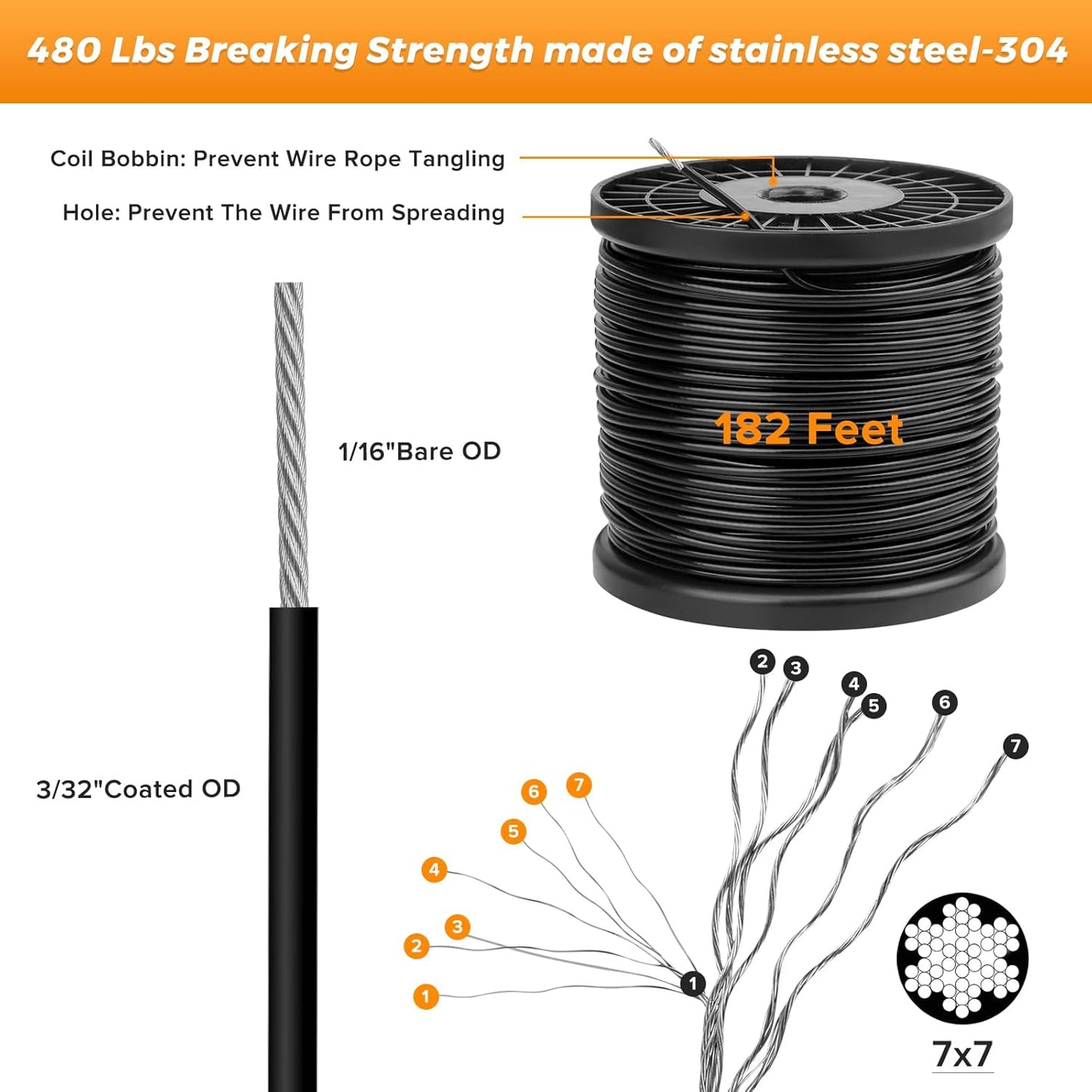 Belio String Light Hanging Kit, Stainless Steel Cable for Outdoor Lights, 182 FT Wire Rope Cable Turnbuckle and Hooks, Globe String Light Suspension Kit