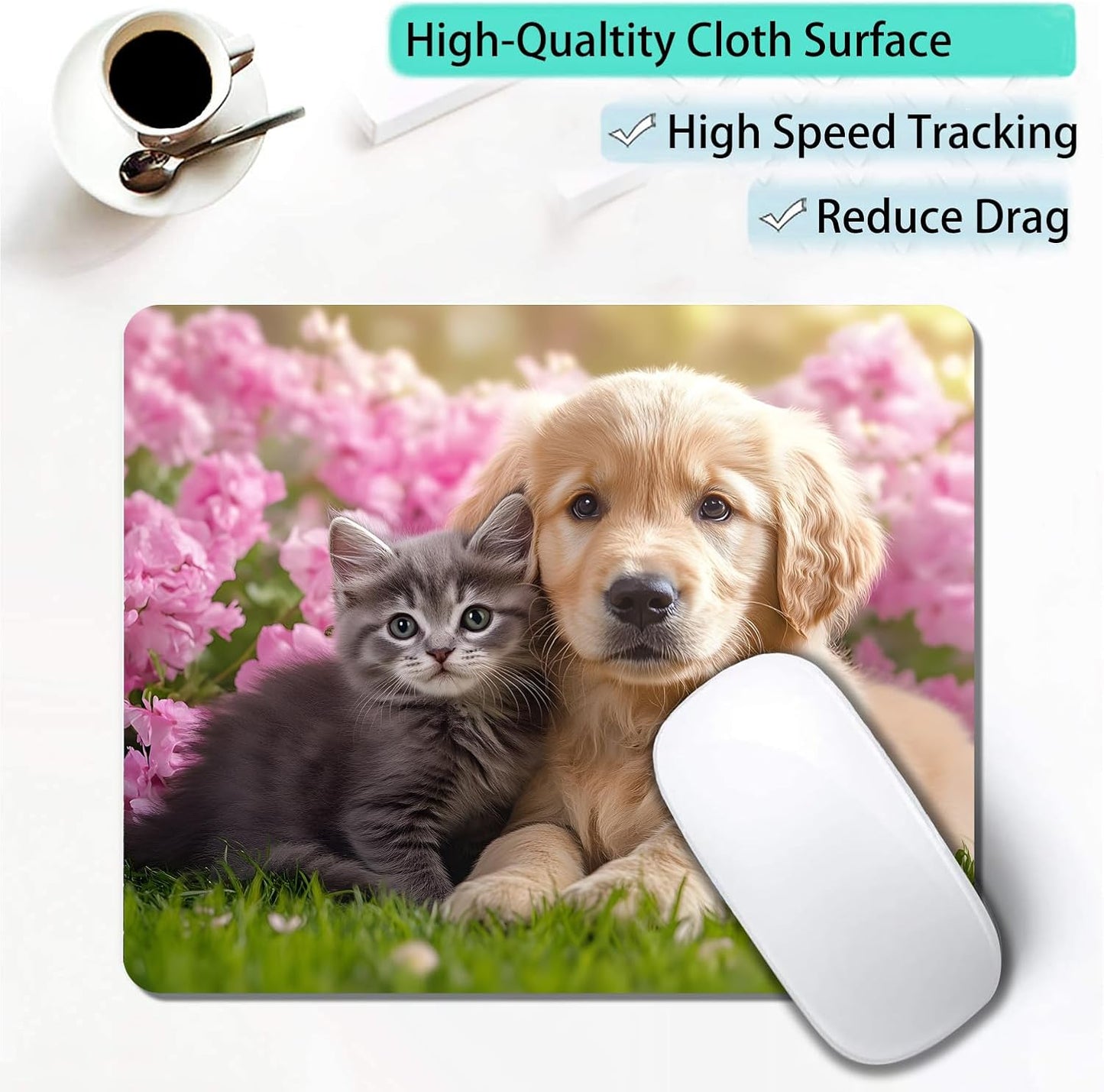 Kawaii Cat and Dog Custom Mouse Pad with Non-Slip Rubber, Small Square Design for Wireless Laptop & Computer Mouse Pads for Desk, 9.5 x 7.9 inch Smooth Surface for Gaming & Office