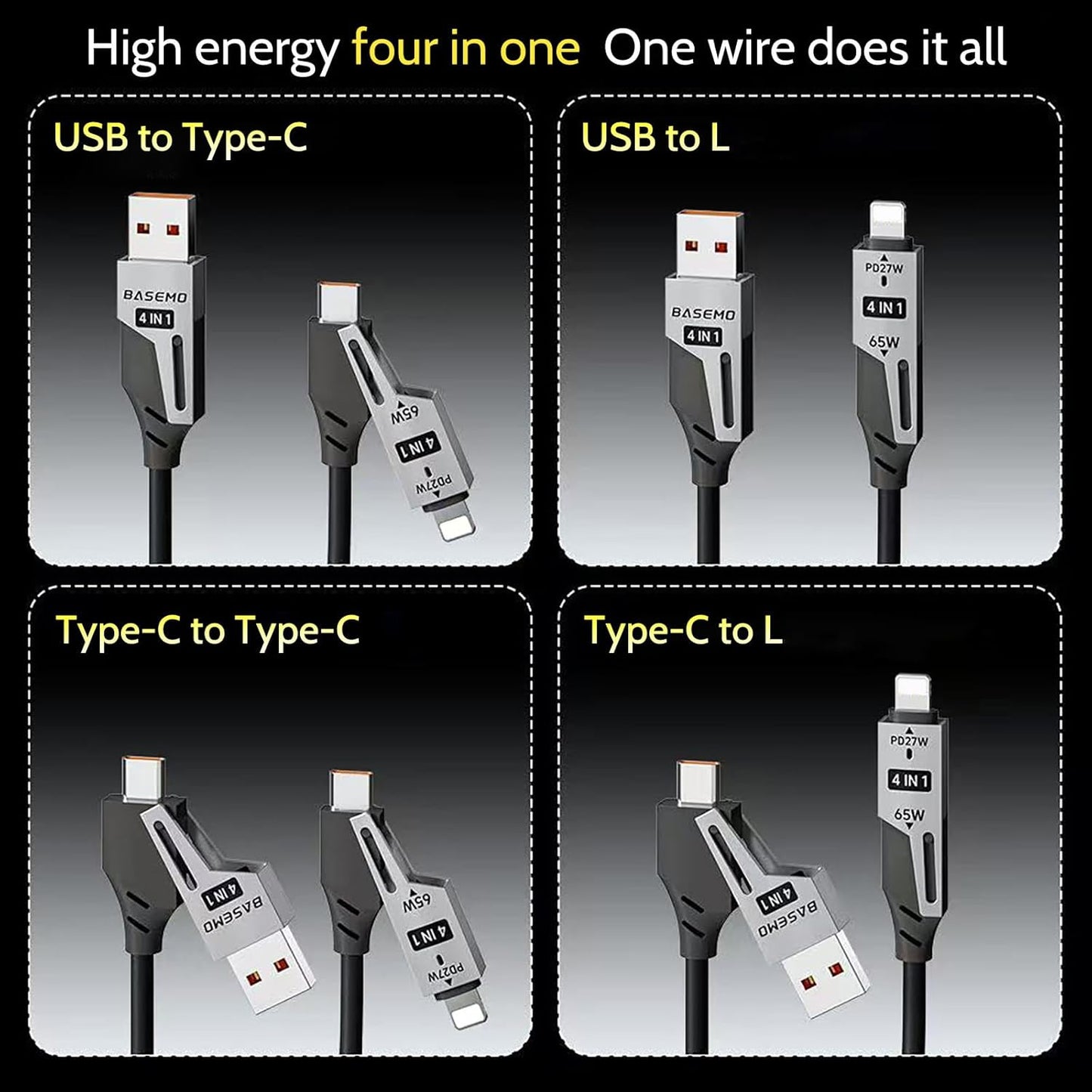 65W 4-in-1 Retractable Fast Charging Cable, 2M/6.5ft Spring Coiled USB-C to L/USB-C/USB-A Multi-Device Cord for iPhone 15/14/13, iPad, Samsung, MacBook, Laptop, Car, Tablet (2)