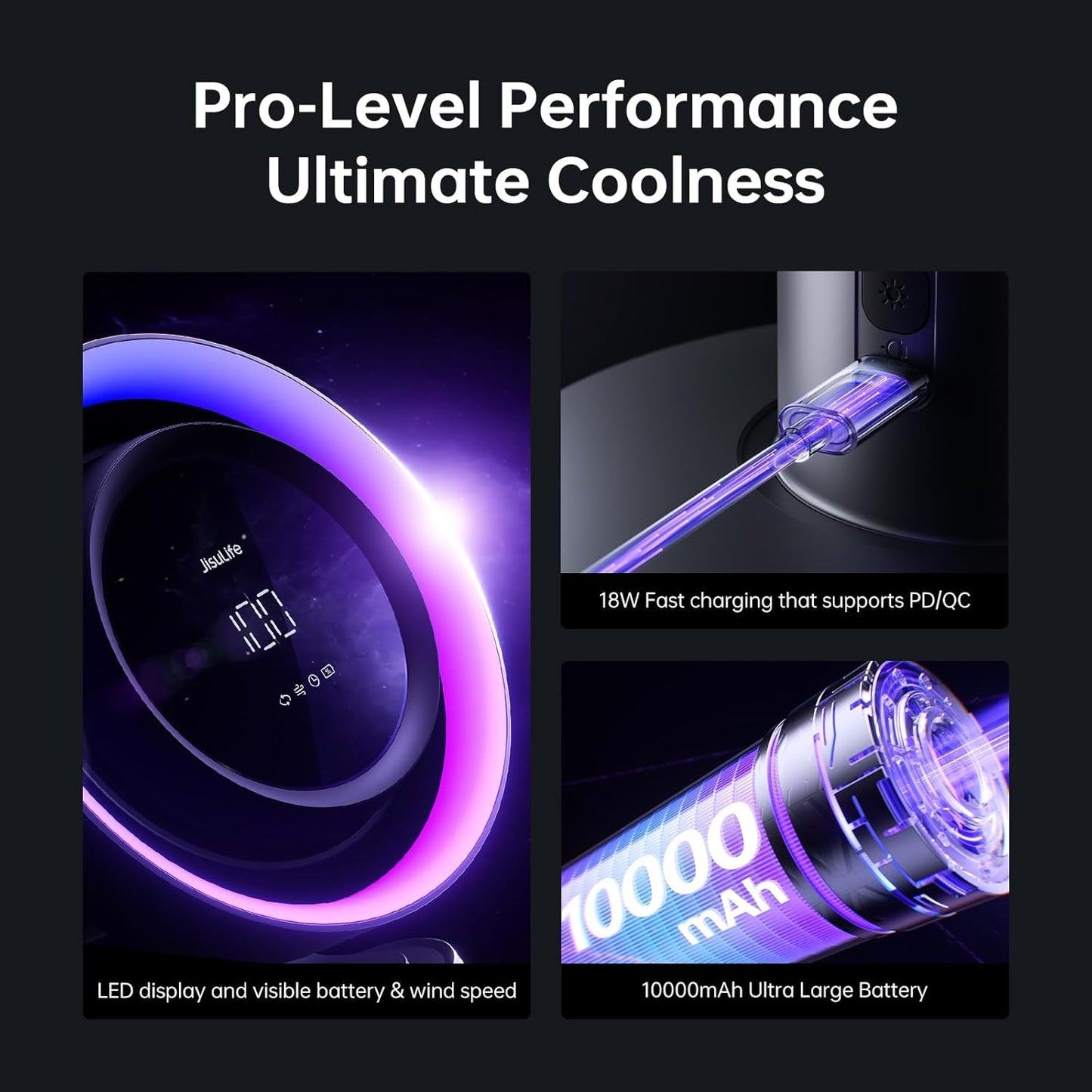 JISULIFE Table Fan Pro3, 3-IN-1 Turbo Oscillating Fan with RGB Light, 100-Speed Adjustable, 10000mAh Rechargeable Battery, Powerful Airflow for Desktop/Office/Bedroom, Gifts for Men/WoMen