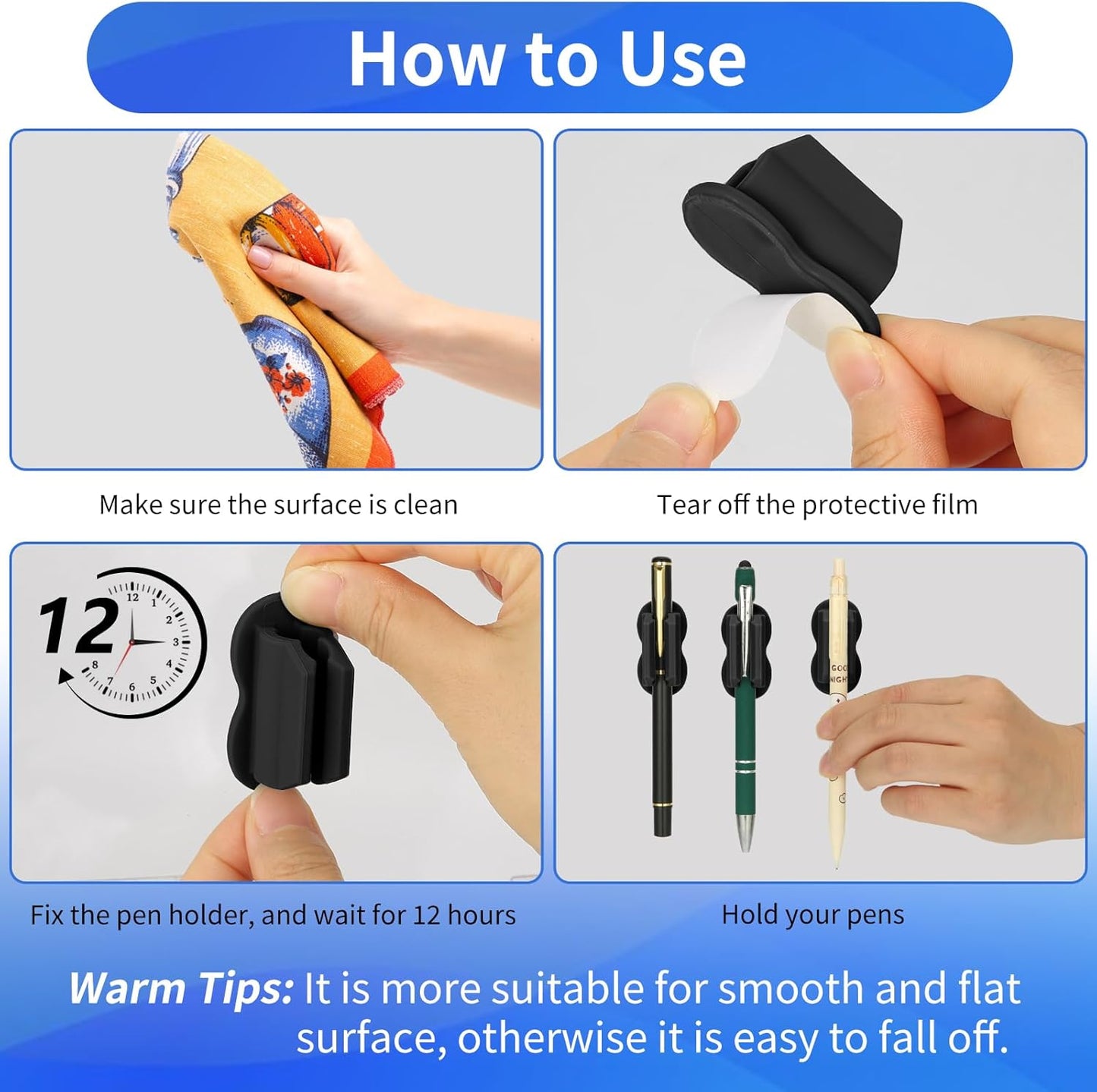 Adhesive Pen Pencil Holder for Desk Wall, 12PCS Marker Holder for Whiteboard Silicone Pen Holder for Clipboard Office Essentials Teacher Supplies (12PCS Black)