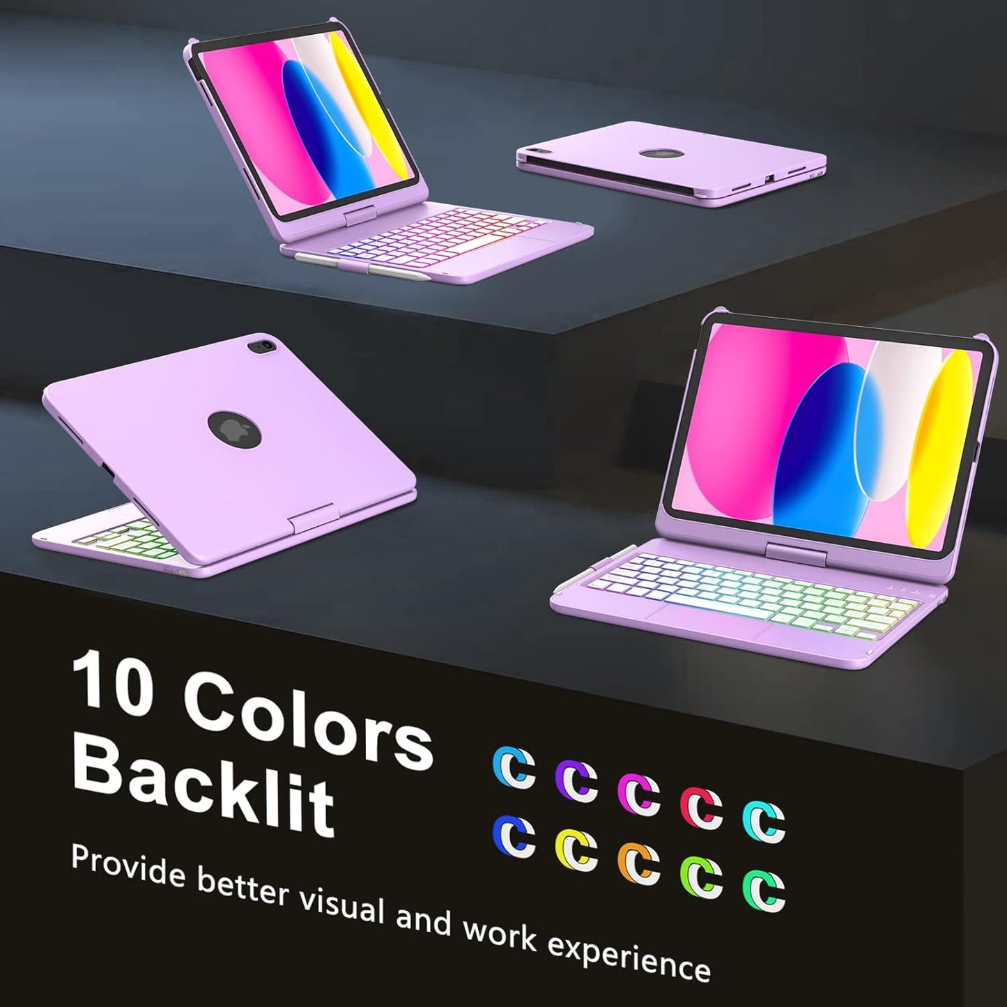 for iPad A16 11th Generation/10th Generation Case with Keyboard,Touch Keyboard for iPad 11" /10th Gen 10.9 inch 2022-10 Color Backlight, 360° Rotatable Protective Cover (Light Purple)