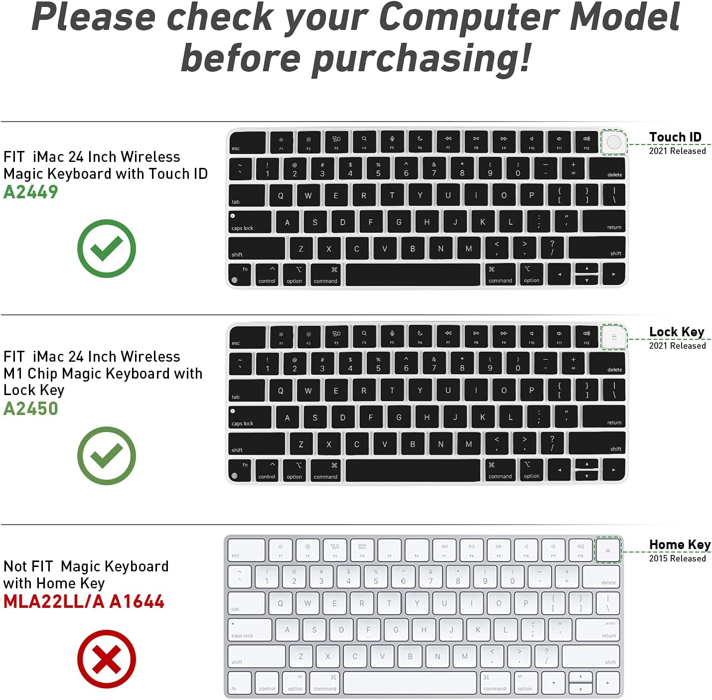 Allinside Silicone Keyboard Cover for iMac Magic Keyboard A2449/A2450, Protective Skin for iMac 24" Wireless Keyboard Released in 2021, US Layout, Black