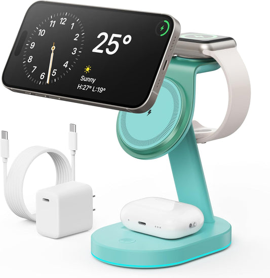 3 in 1 Wireless Charger Charging Station for iPhone,Qi2 Certified 15W Magnetic Charging Stand for Mag-Safe with 30W USB C Adapter&Friendly Night Light for iPhone 16/15/14/13/12,Apple Watch,AirPods