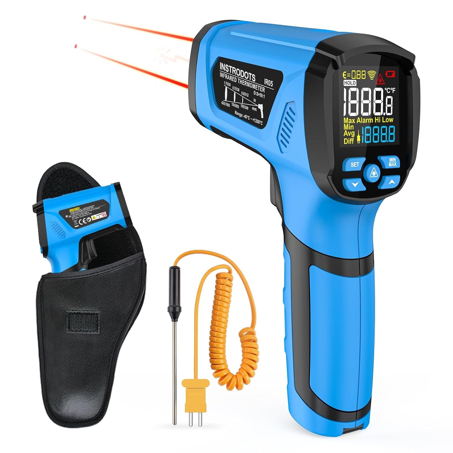 Infrared Thermometer Temperature Gun, -40℉ to 2192℉ Dual Laser High Temp Thermometer with LCD Color Display, Non-Contact Industrial Pyrometer 50:1 Distance Ratio, Adjustable Emissivity