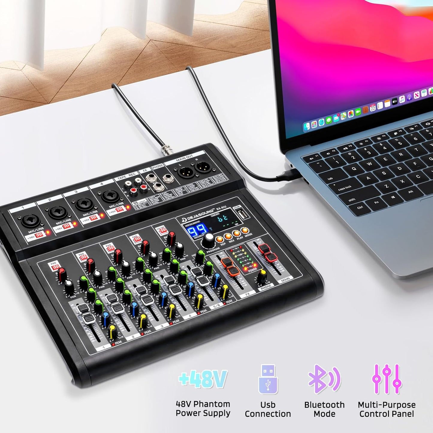 6-Channel Audio Mixer for PC, SX-6iu Mixing Console with XLR Inputs, Bluetooth, 99 Digital Signal Processor Effects, USB Interface, MP3 Compatible for Podcast, Music, Recording 9.84"x2.17"x12.6"inches