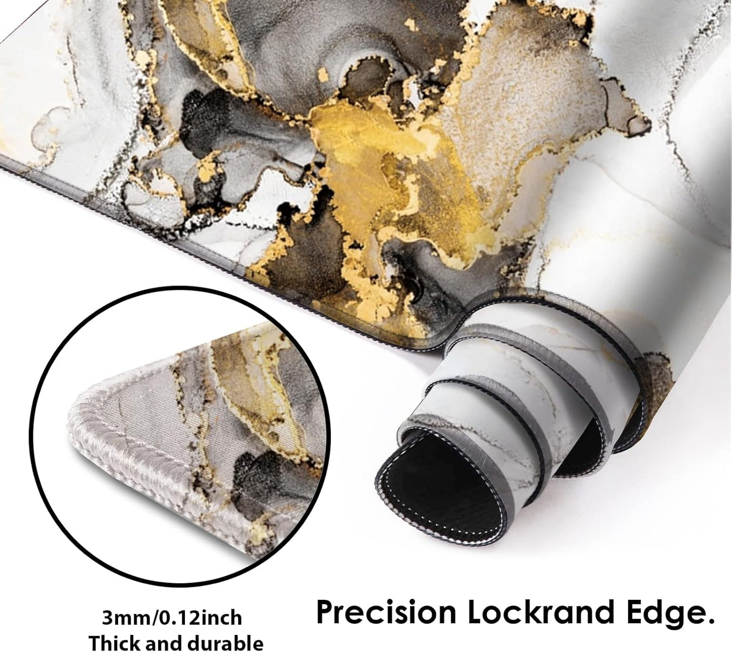 Galdas Large Mouse Pad XXL XL Large Mouse Pad Long Extended Mousepad Desk Pad Non-Slip Rubber Mice Pads Stitched Edges Thin Pad (31.5x11.8x0.12 Inch)-Ink White Gold Marble