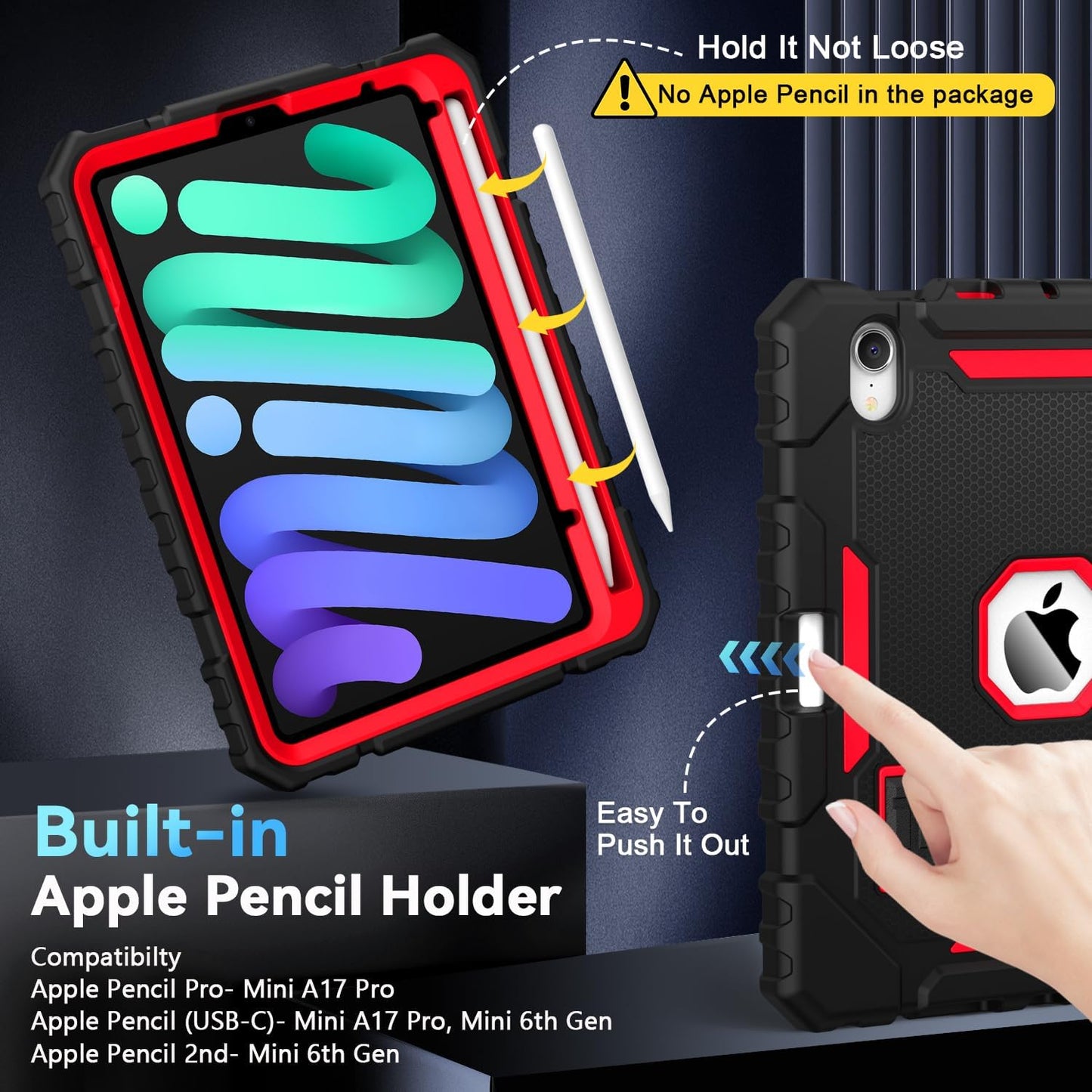 Grifobes Case for iPad Mini 7 (A17 Pro) 2024 / Mini 6 2021 8.3 inch, Heavy Duty Shockproof Rugged Cover with Pencil Holder Stand, for I Pad Mini 7th/6th Gen 8.3" Case for Kids Boys (Black+Red)