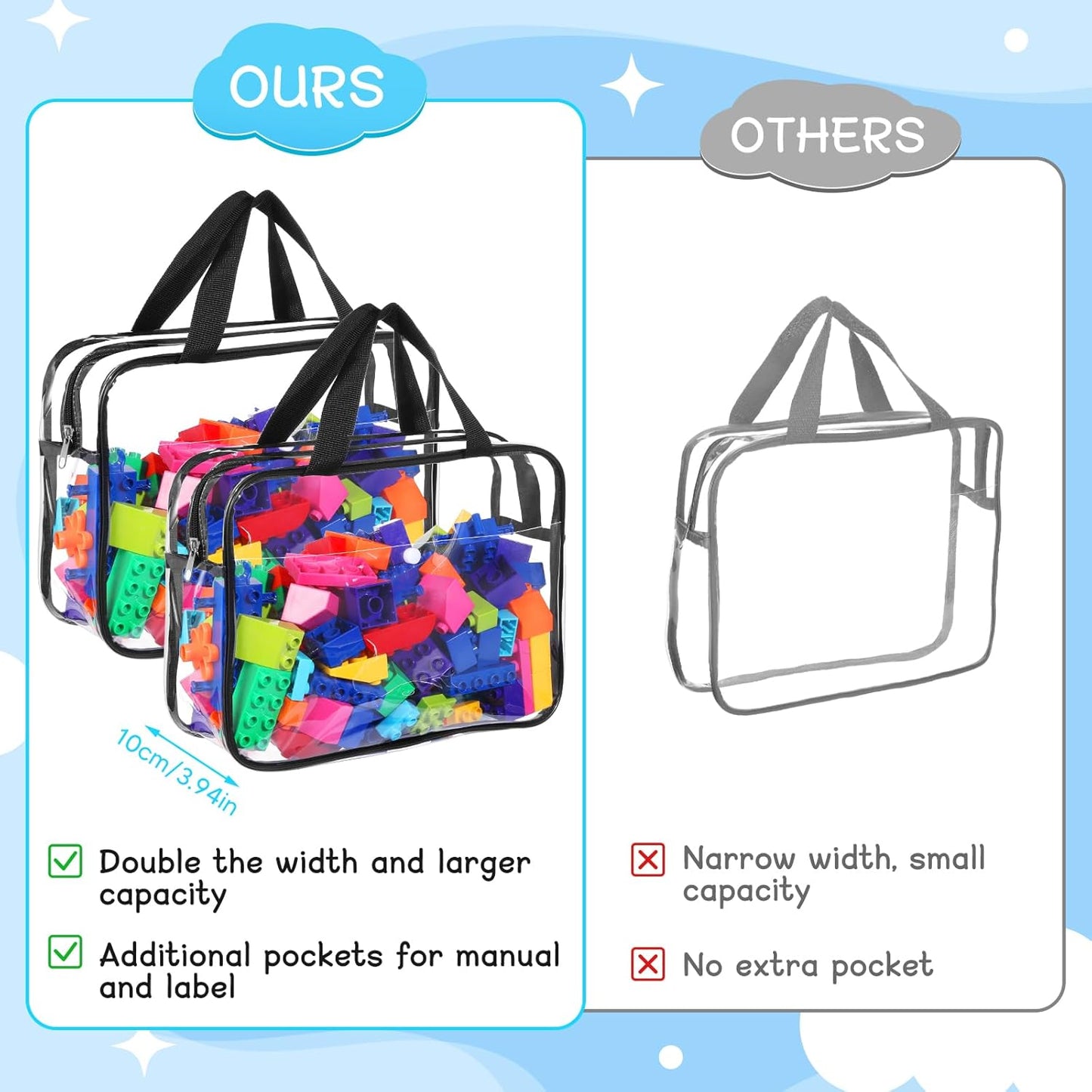 8 Packs Large Toy Storage Bags with Labels&Manual Pocket, Reusable Clear PVC Board Game Storage Bags, Travel Waterproof Organizer Bags with Zipper for Building Blocks, Puzzle, Cosmetic